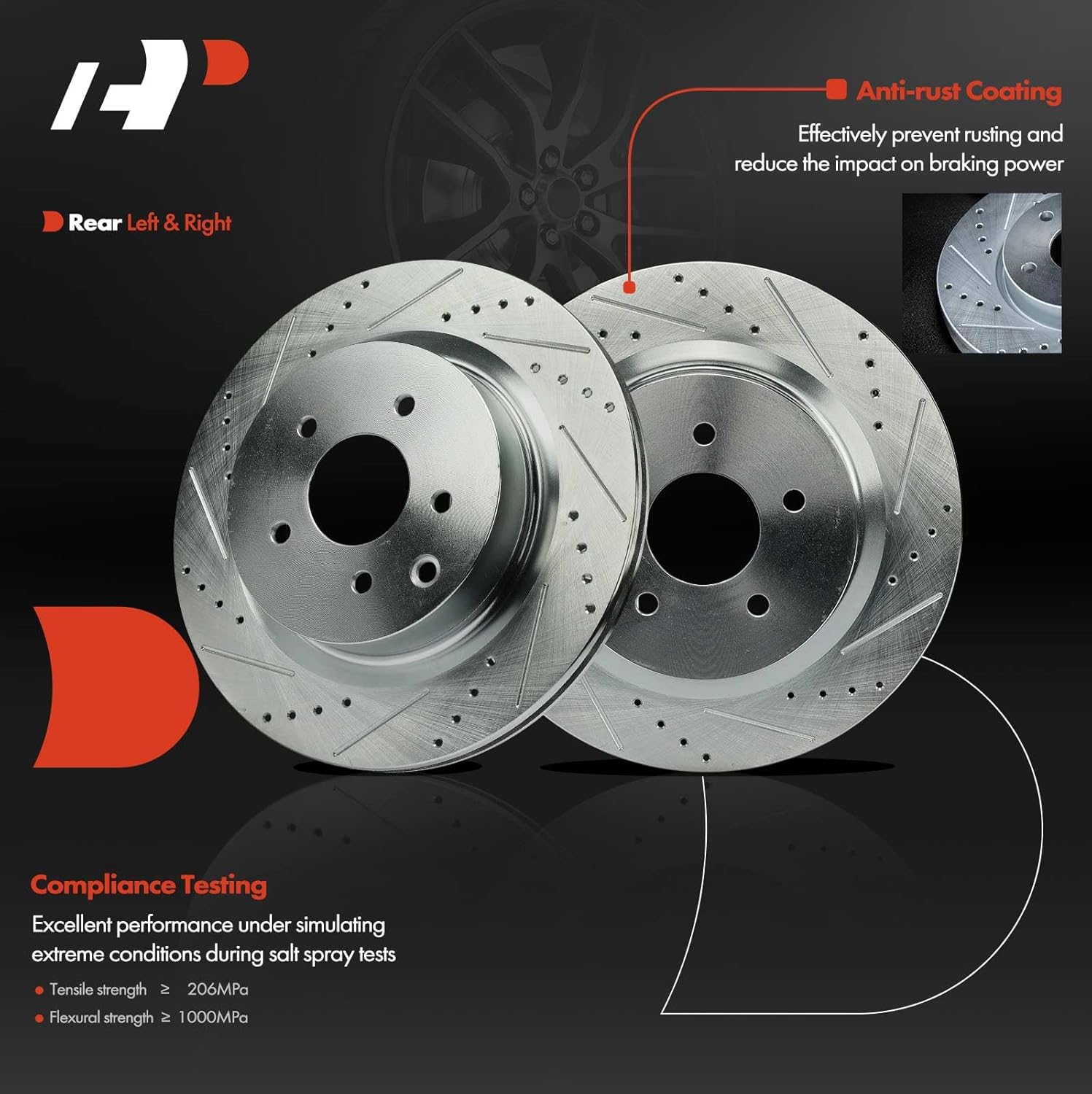 A-Premium 12.68 in (322 mm) Rear Drilled and Slotted Disc Brake Rotors + Ceramic Pads Kit Compatible with Select Nissan and Infiniti Models - G35 2003-2004, 350Z 2003-2008, 6-PC Set
