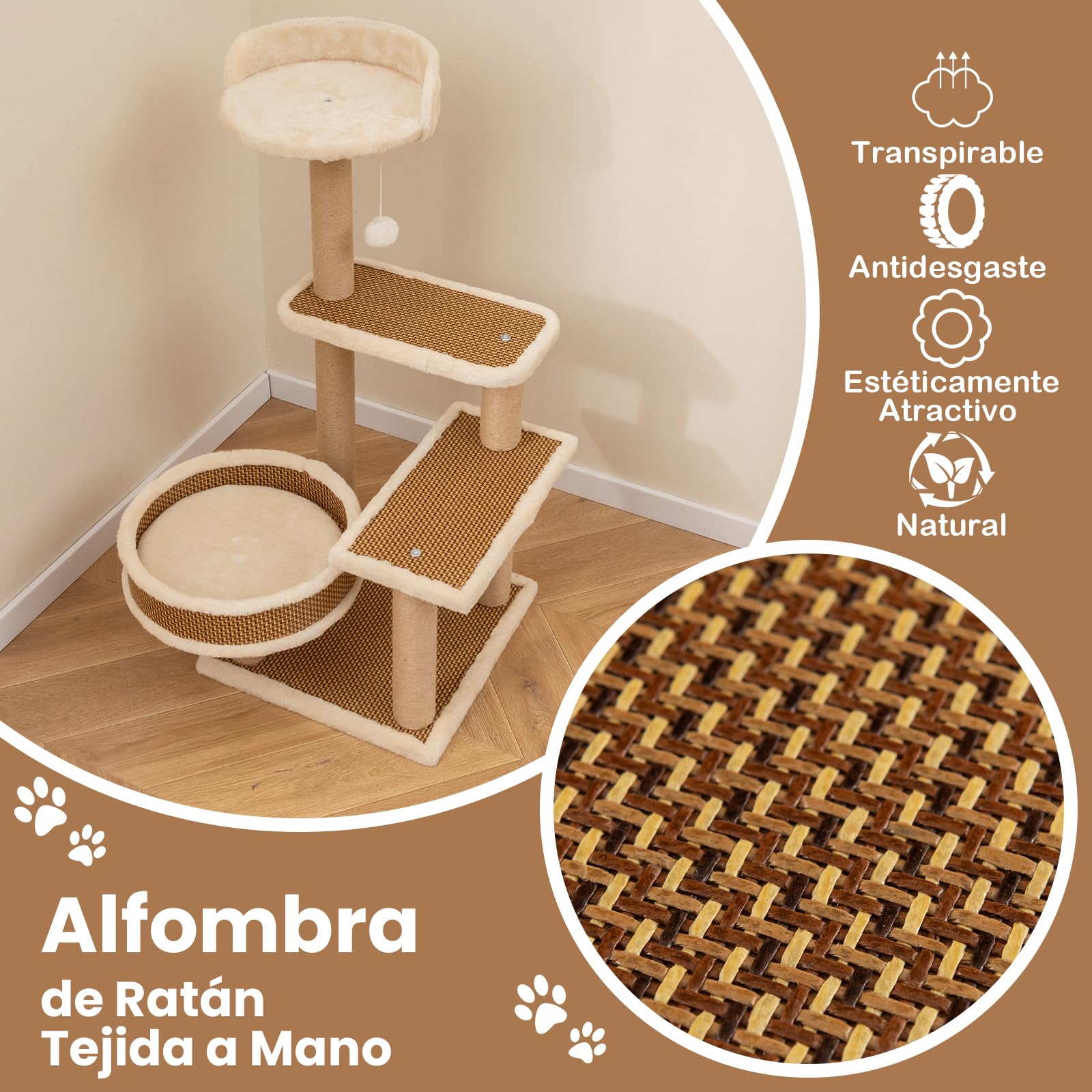 COSTWAY Torre para Gatos de Ratán, Árbol para Gatos de Interior con 3 Juguetes Colgantes, Árbol Rascador, Plataforma, Cama Espaciosa, Centro de Actividades con Tapete de Felpa (40 x 40 x 90 cm)