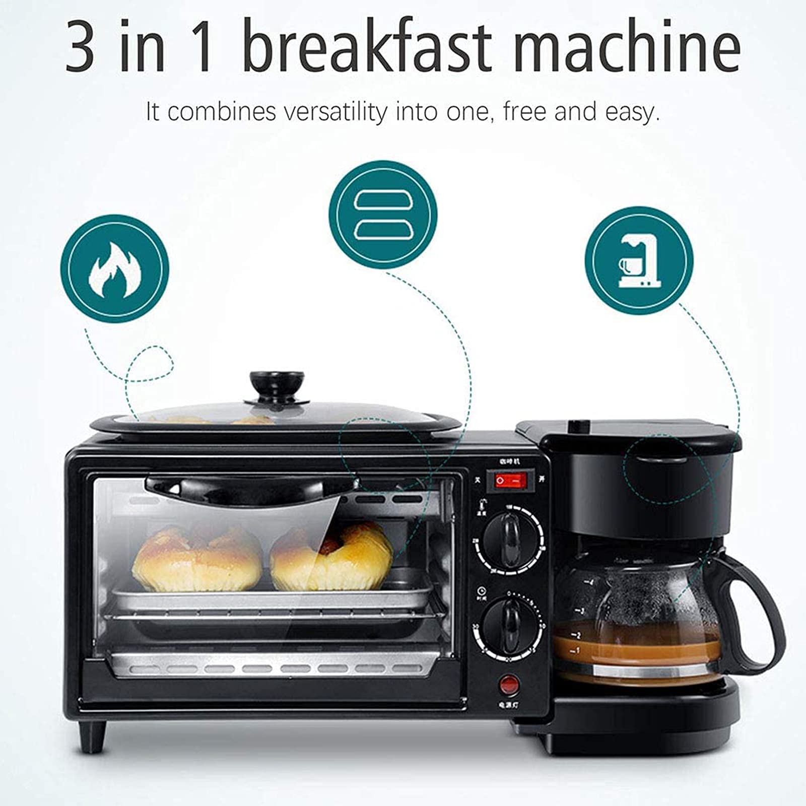 3 in 1 Home Breakfast, Macchina per Il caffè, Tostapane, Padella, Macchina per la Colazione Multifunzione Macchina per Il caffè Forno tostapane Padella Multifunzione