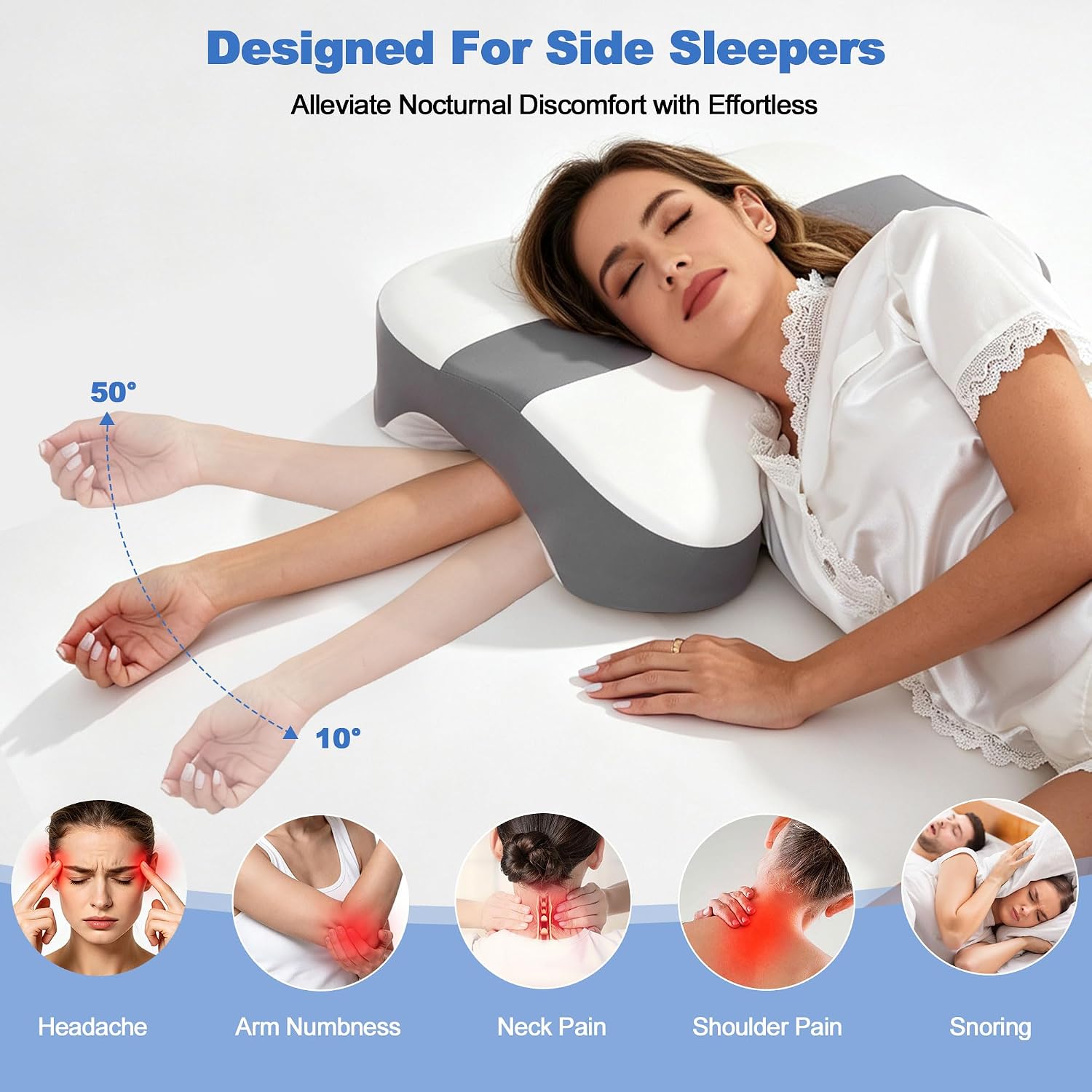 side sleeper pillows for adults with arm hole, 2 in 1 ergonomic cervical neck pillow for neck and shoulder pain, memory foam pillow for side, back and stomach sleepers, cooling comfort, grey