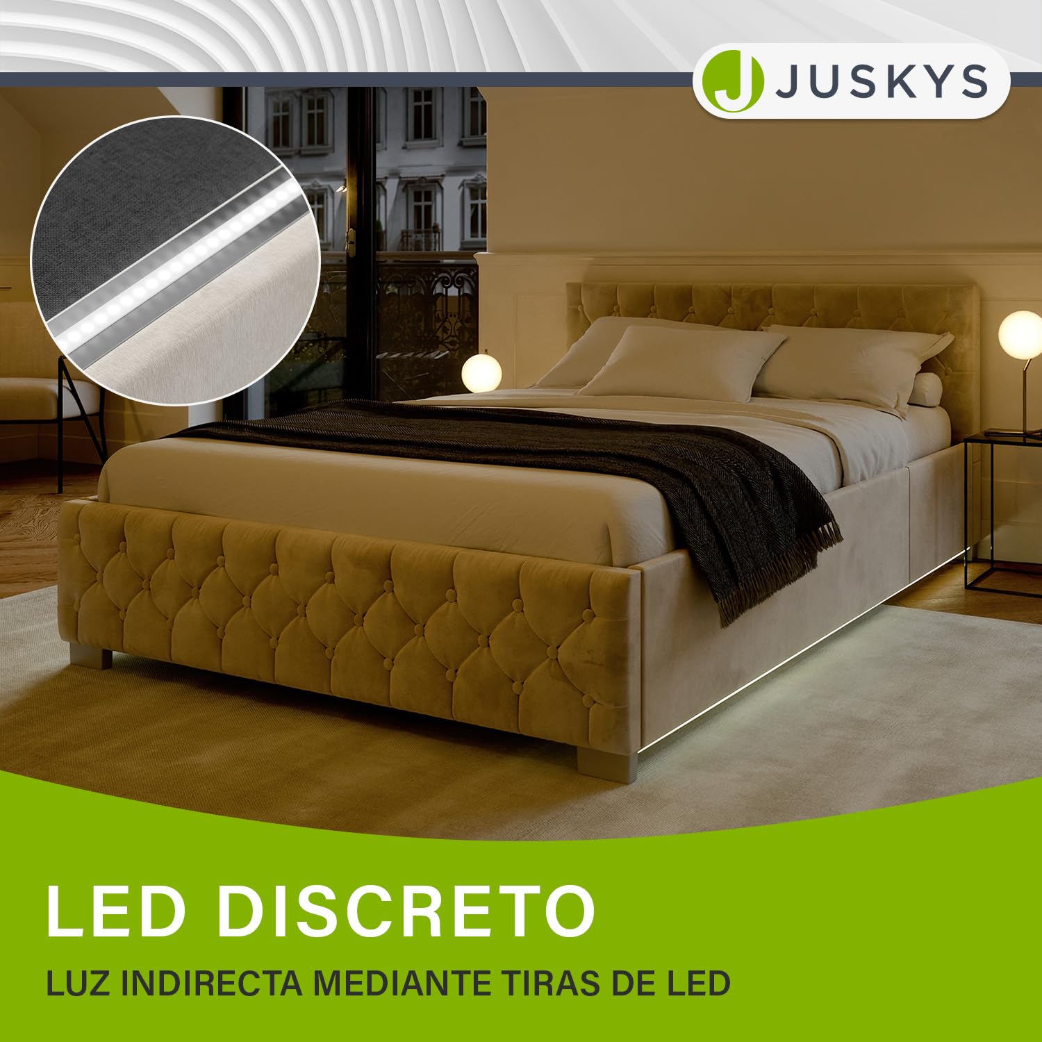 Juskys Cama tapizada Nizza 120 x 200 cm - Bastidor con somier, canapé e iluminación led - Cama con Revestimiento de Terciopelo y Acolchado Chesterfield - Beis