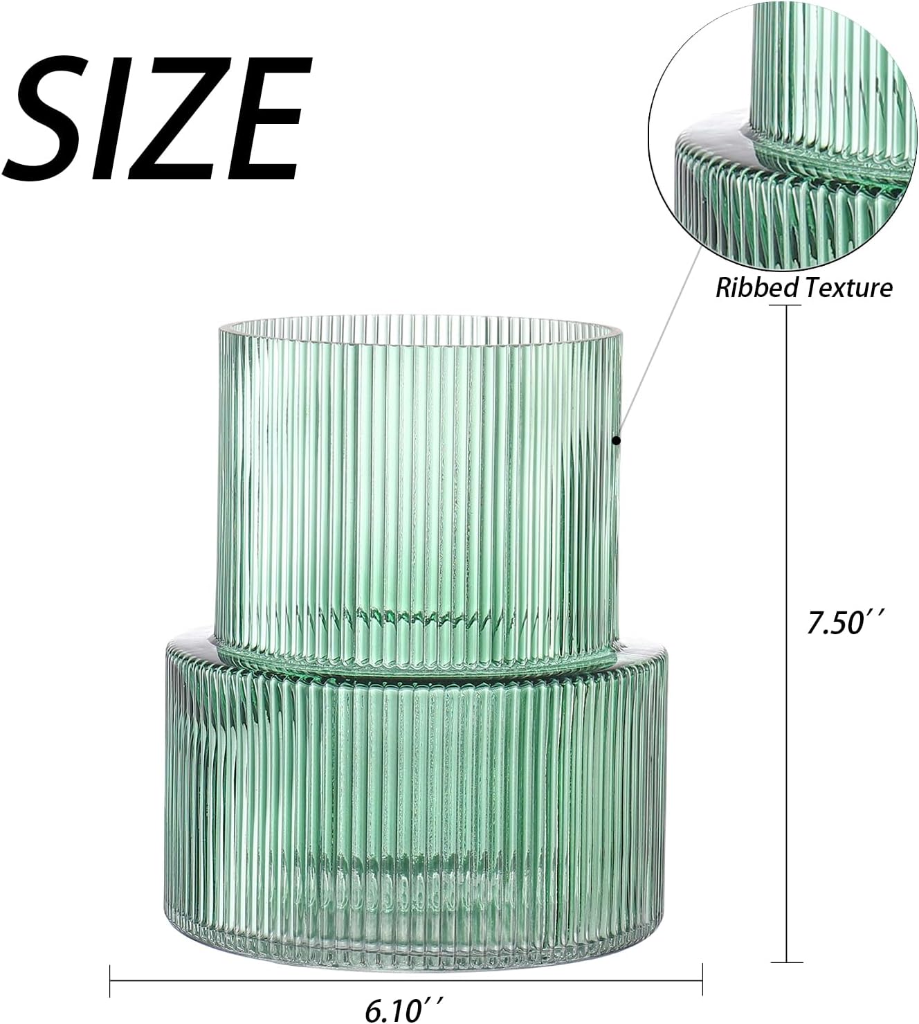 Green Glass Vase, Ribbed Glass Vase for Tulips, Flower Vases for Bouquet, Green Modern Vases for Living Room, Dining Table, Entryway, Mantle, Shelf, Wedding, Office, 7.5 Inches - Image 7