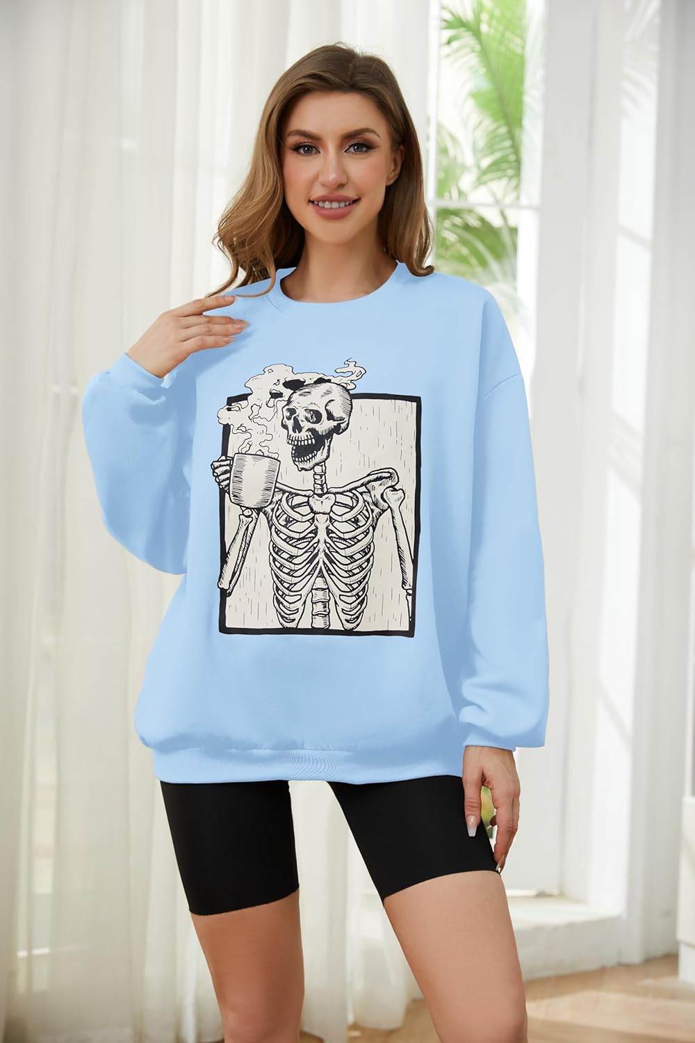Meladyan Halloween Skull Graphic Print Fleece Oversized Sweatshirt Crewneck Long Sleeve Drop Shoulder Pullover - Image 2