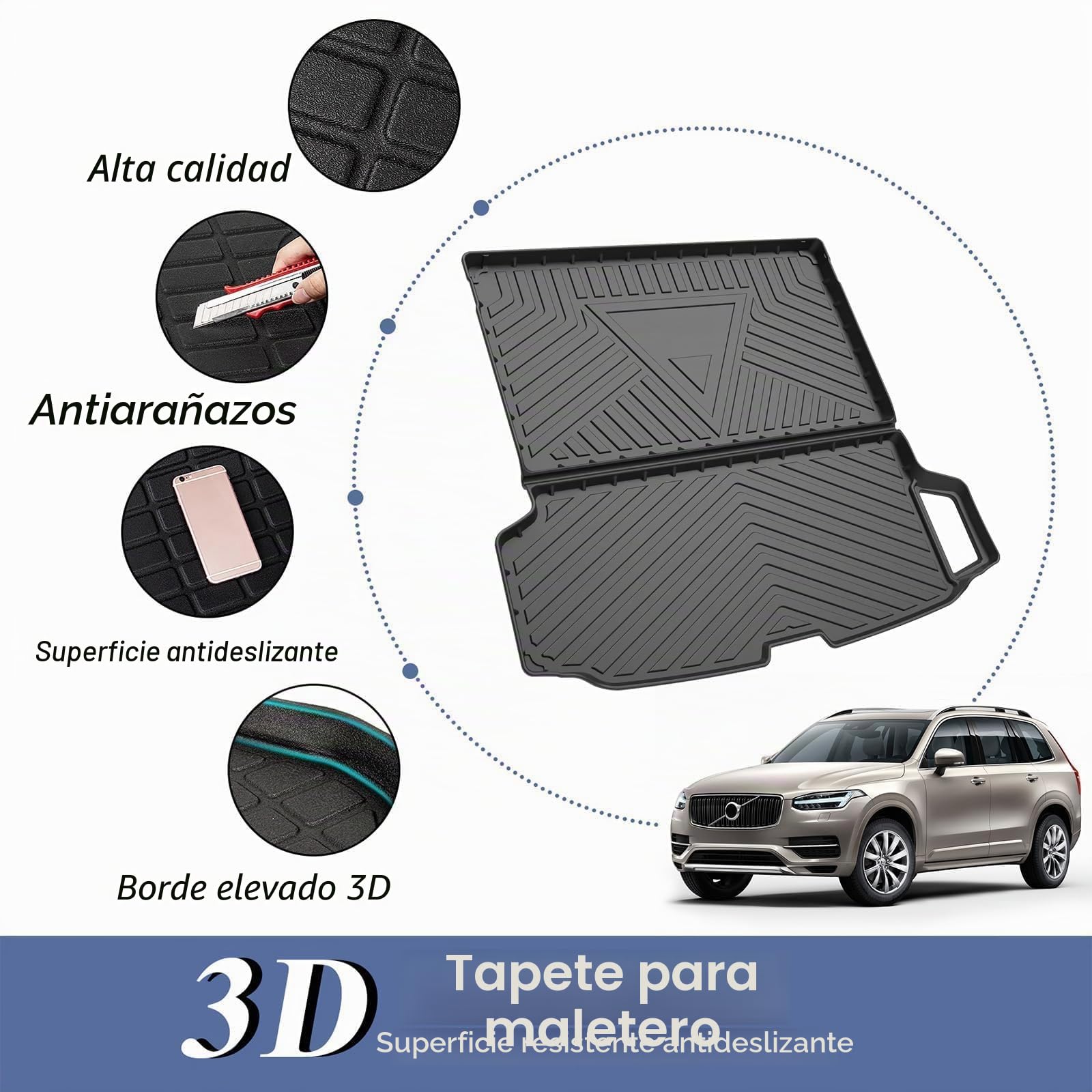 PSLER Vehículo All Weather Waterproof Protector Pad Estera Trasera del Trazador de Líneas del Cargo para XC90 2015 2016 2017 2018 2019 2020 2021 2022 2023 2024