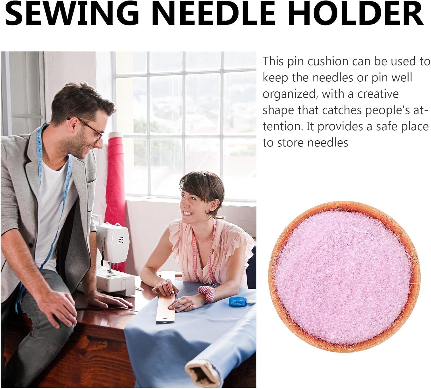 Gogogmee Handmade Wool Ball Needle Cushion with Wooden Base, Half-Round Pin Organizing Holder for Embroidery and Sewing Accessories, Purple Pincushion for Crafting and Quilting