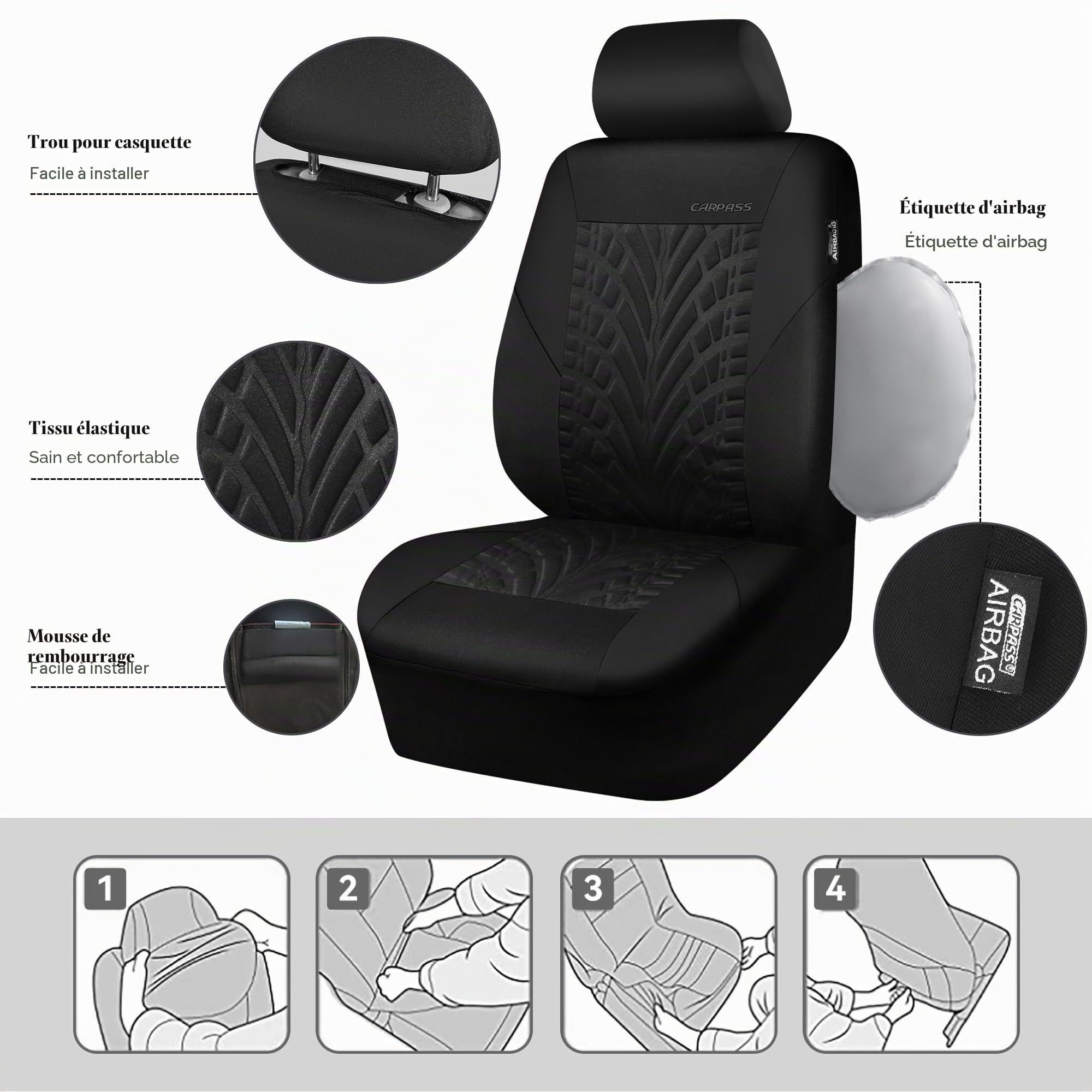 CAR PASS Housses de siège Voiture complètes pour Auto, Camion, SUV, Couvre Siege Auto avec Impression de pneus 3D, Compatibles avec airbags, Installation Rapide (Ensemble Complet, Noir)