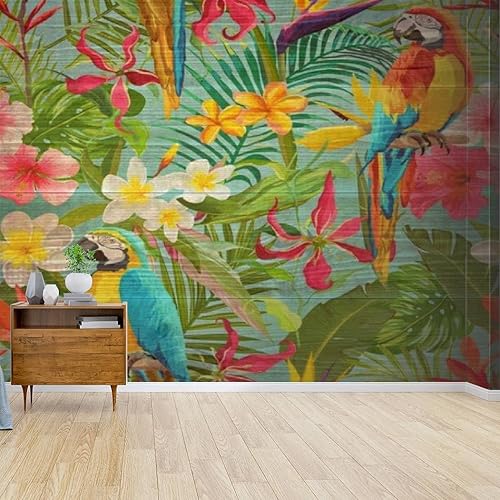 Papel pintado en lienzo, estampado de flores tropicales y loros sin costuras, patrón floral de verano para autoadhesivo, papel tapiz de despegar y