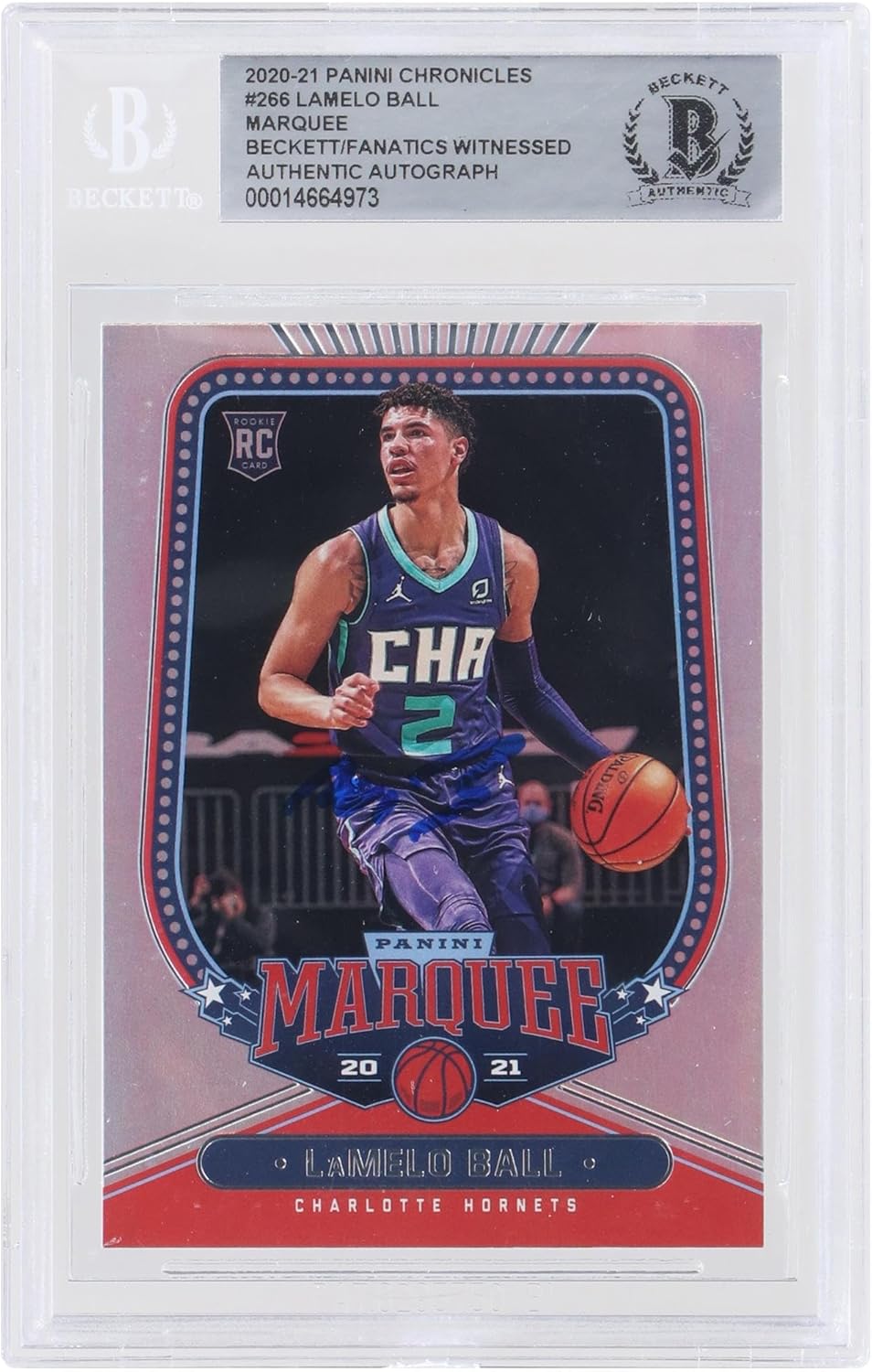 LaMelo Ball Charlotte Hornets Autographed 2020-21 Panini Chronicles Marquee #266 Beckett Fanatics Witnessed Authenticated Rookie Card - Basketball Slabbed Autographed Rookie Cards
