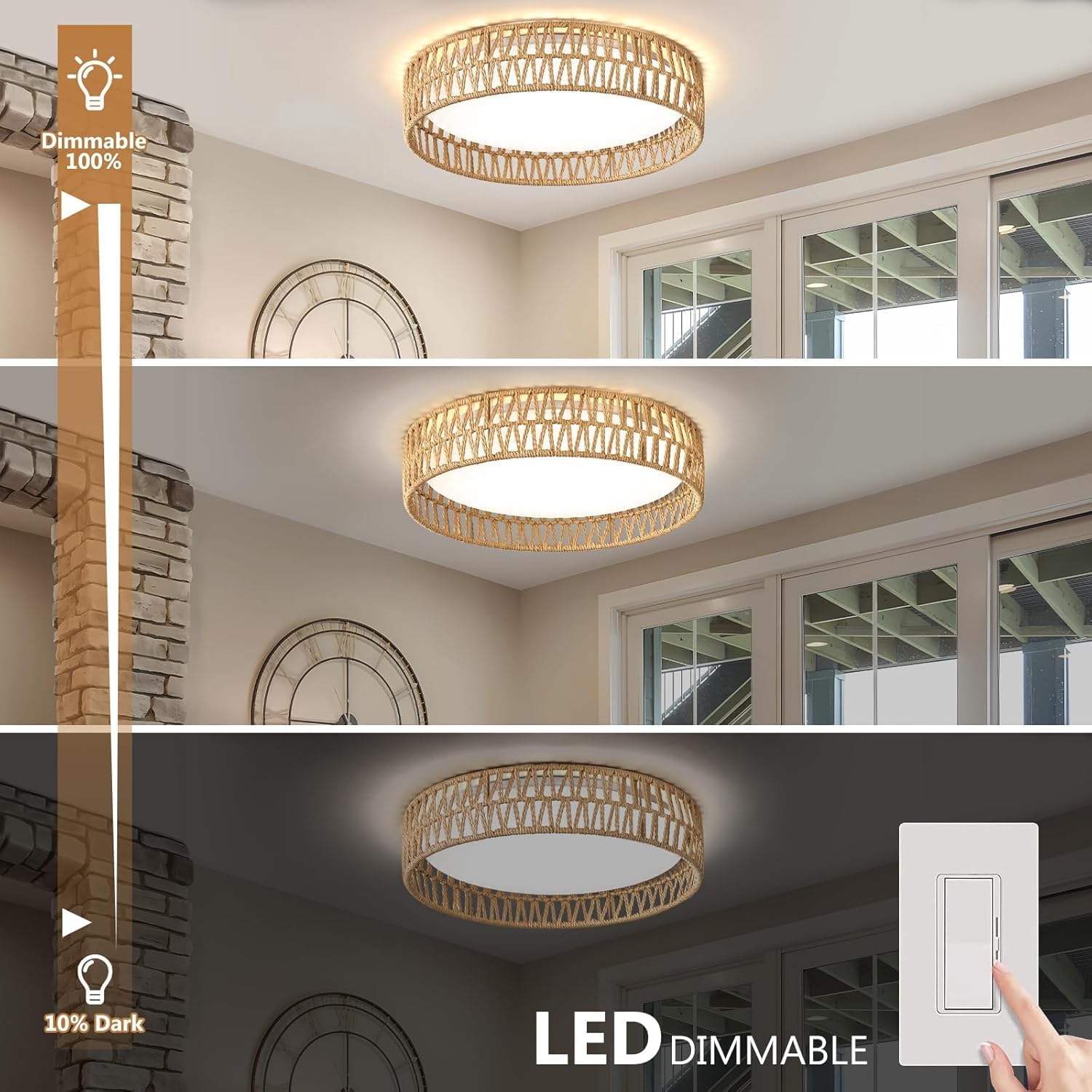 LED Rattan Flush Mount Ceiling Light Fixture, Boho Light Fixtures Ceiling 16.9 inch, 24W Dimmable Rattan Ceiling Light 5CCT 3000K-6000K for Hallway Bedroom Kitchen Entryway Living Room