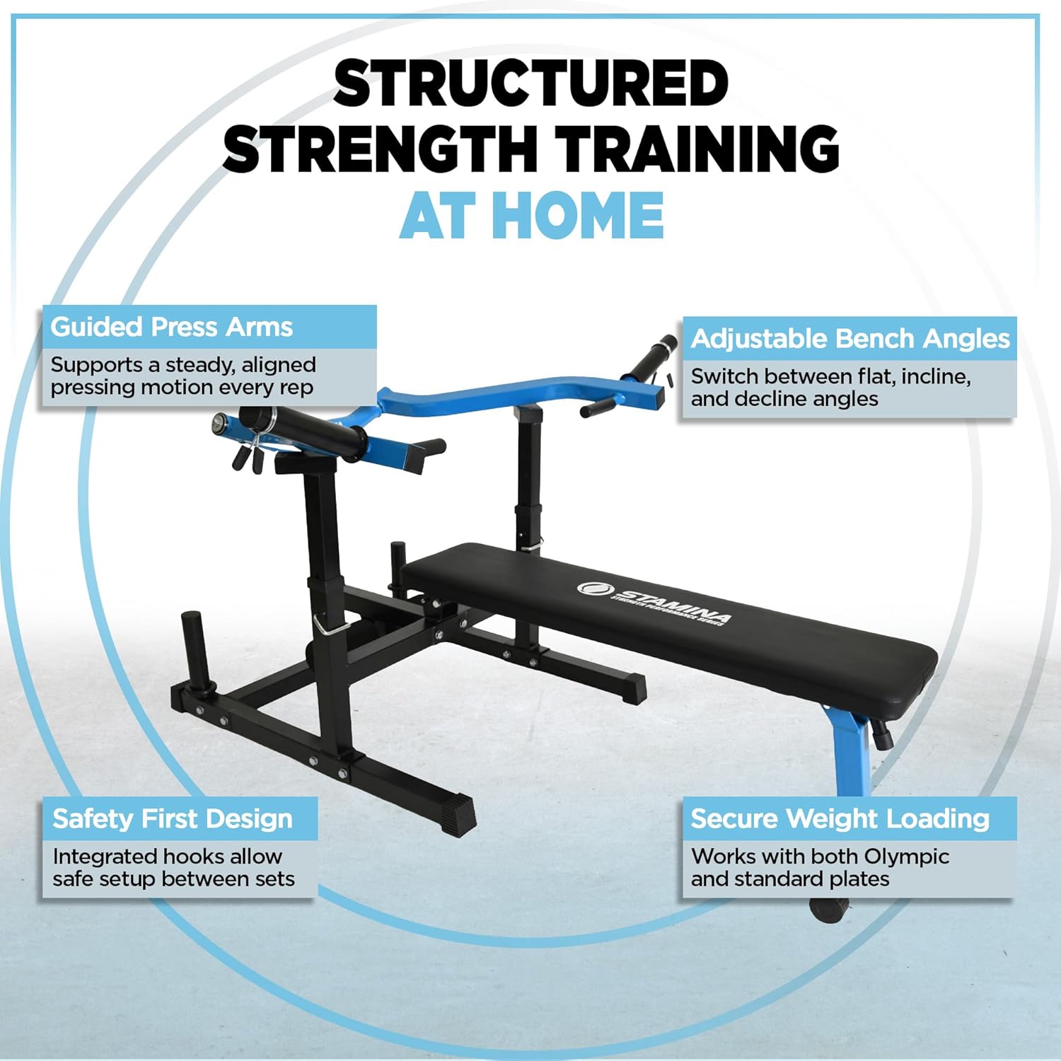 Stamina Bench Press Machine, Adjustable Home Chest, Shoulder & Arm Training Bench with Safety Hooks and Olympic Plate Compatibility, 50-3100