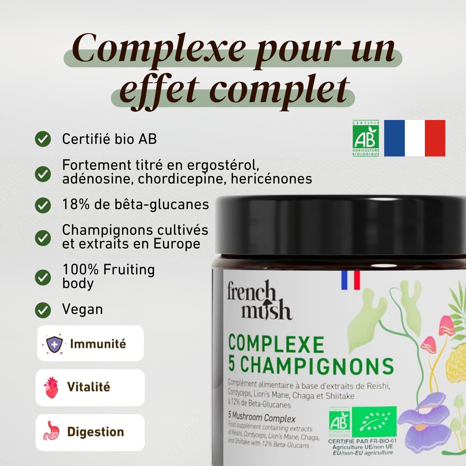 Complexe 5 Champignons Bio en Poudre Vegan - Lion's Mane, Reishi, Cordyceps, Shiitake, Chaga - Digestion, Bien-Être - 1 Gramme Par Jour - Testé en Laboratoire - Fabriqué en France
