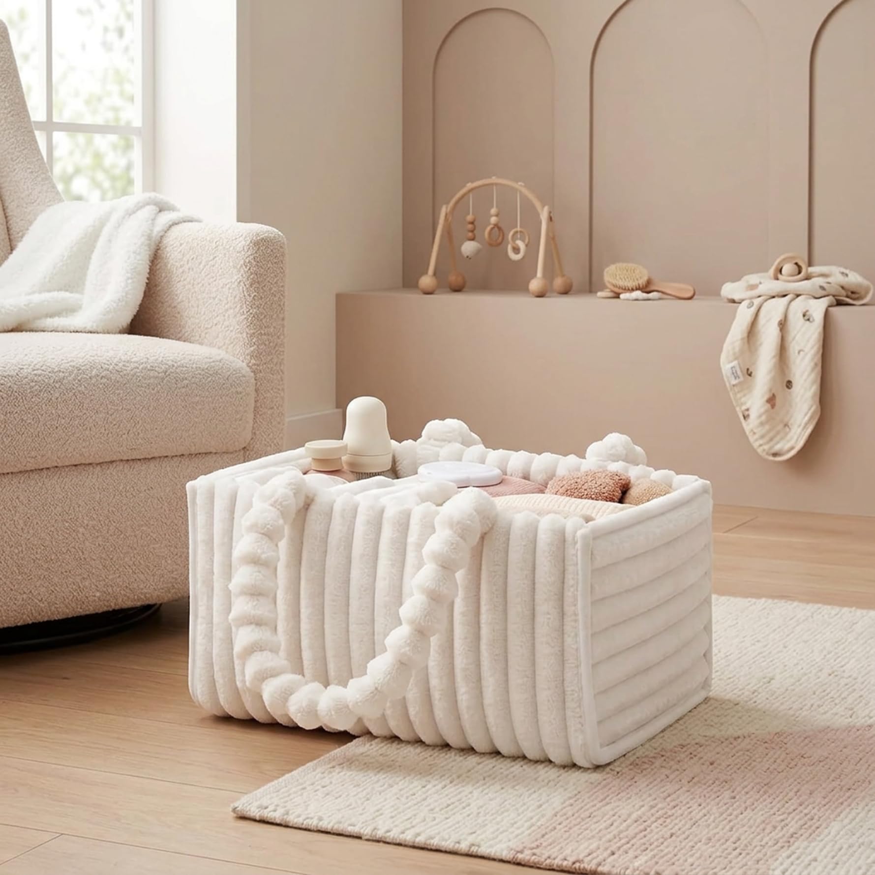Portapannolini per bambini, Portapannolini portatile con divisori rimovibili, Contenitore in morbida flanella per oggetti essenziali, giocattoli e forniture per bambini, Bianco
