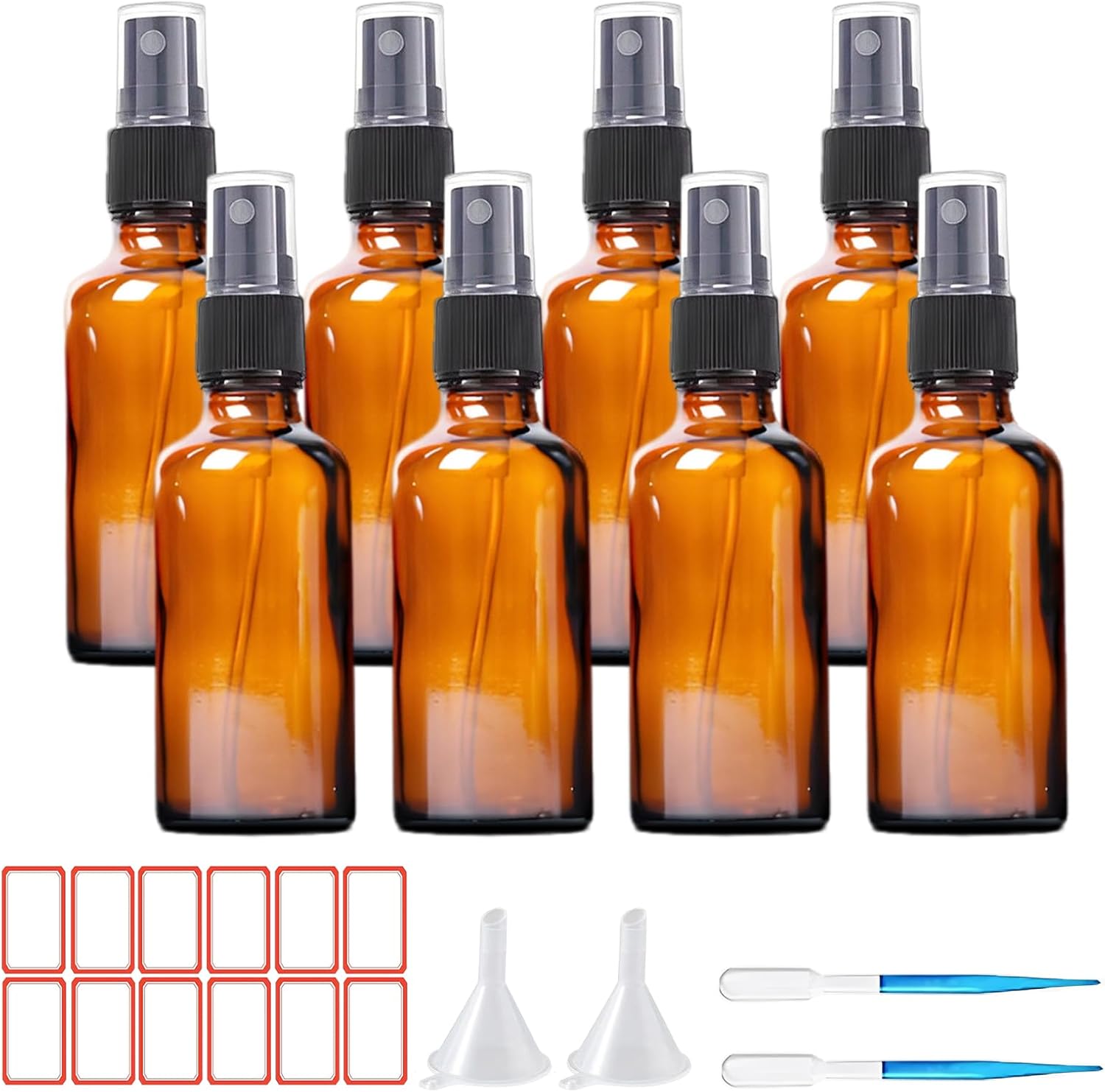 TUAKIMCE 8 x 50 ml Glass Spray Bottle, Blue Empty Atomiser, Fragrance Atomiser, Glass Spray Bottle for Important Oils, Journey Liquid, Spray Bottle Set with Funnel and Label Sticker (Brown)
