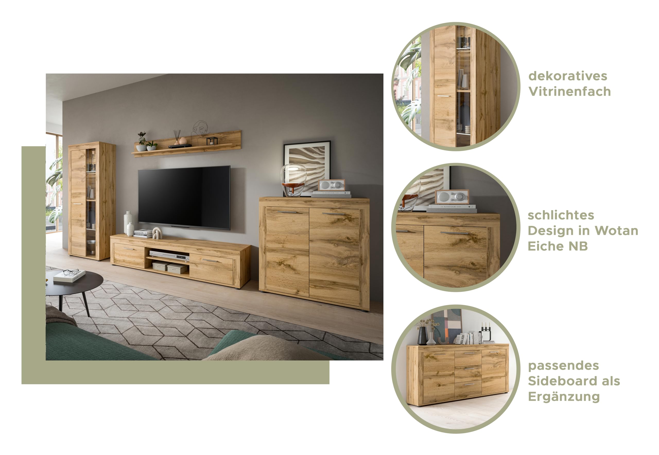 xonox.home Wohnen Jam X8BM9T40 - Vitrina de Cristal (600 x 86 x 35 cm, Madera de Roble de Wotan, melamina, 600 x 86 x 35 cm)
