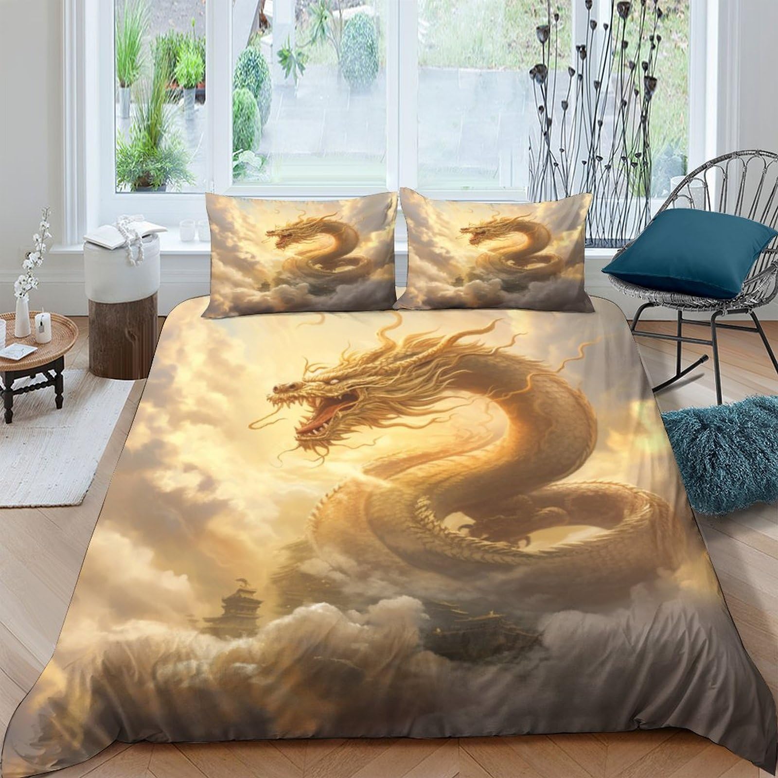 Stampato in 3D Loong cinese Copertina Stampata Microfibra Disegnata Biancheria Da Letto Ipoallergenico Set 3 Pezzi,Double（200x200cm）, Per Ragazzi Adulti