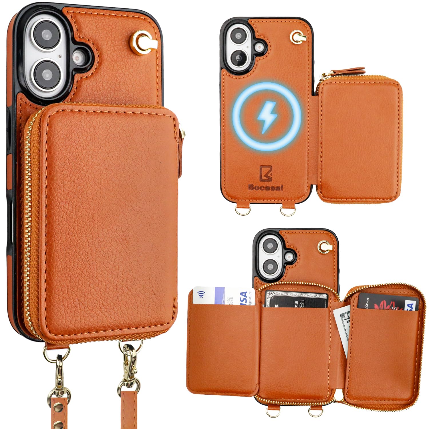 Bocasal for MagSafe Crossbody Wallet Case Compatible with iPhone 16, RFID Blocking Protective Purse Case with Card Slots Holder Kickstand Wrist Strap