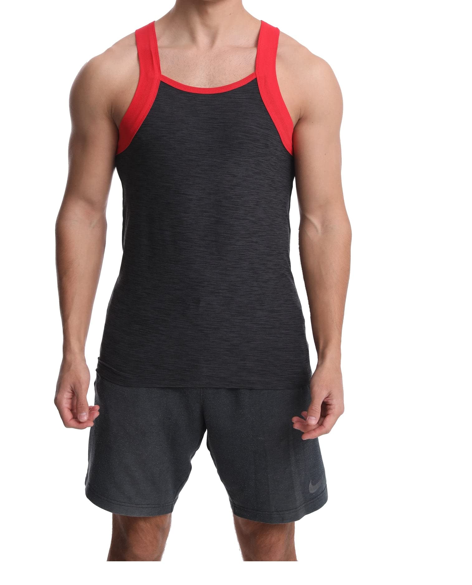Different Touch Men's Dry Fit Square Cut Tank Tops, Charcoal/Red, XXL