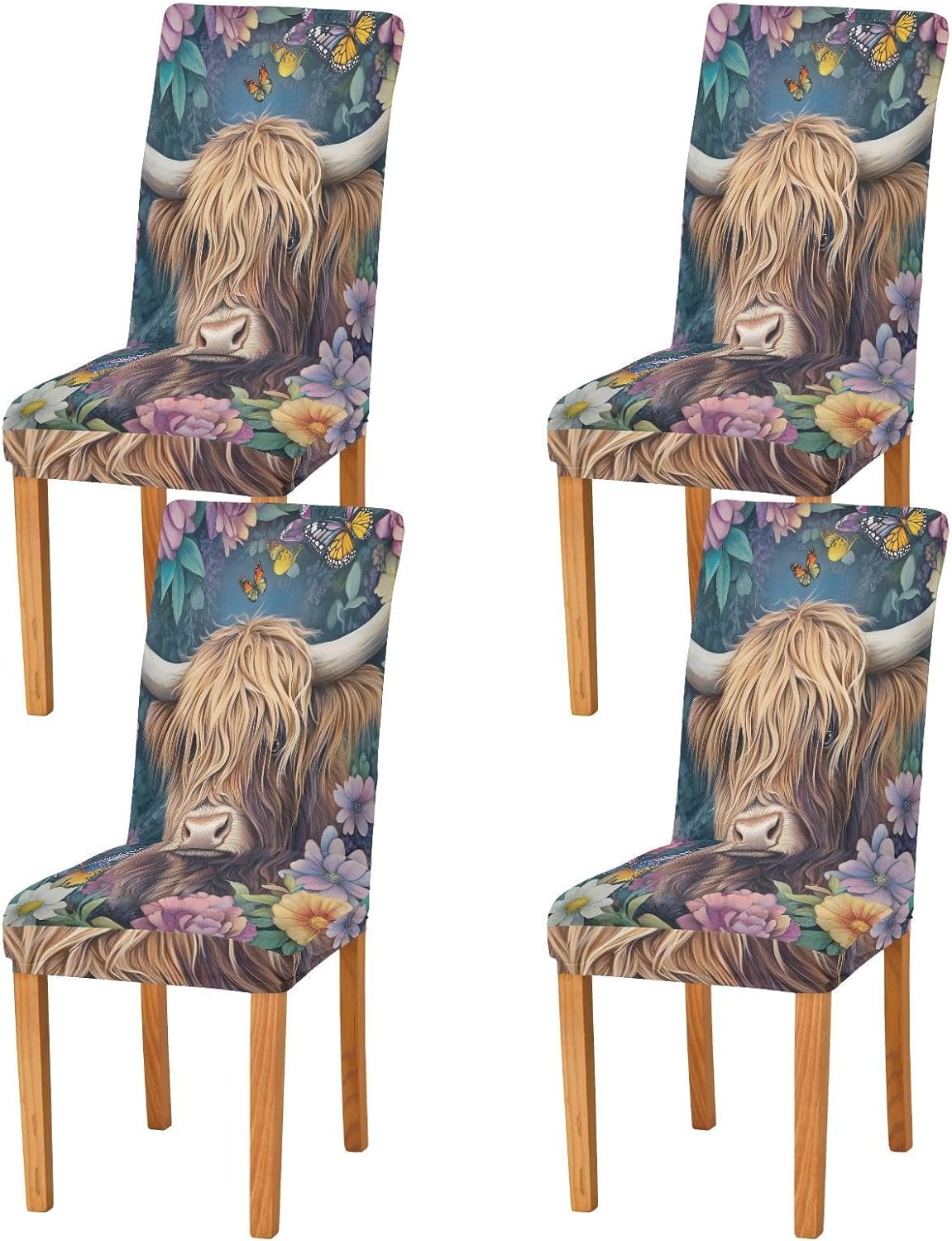 ALAZA Chair Covers for Dining Room, Highland Cow Butterflies Stretch Chair Cover Sets Chair Protector Removable Washable for Ktichen Restaurant Hotel