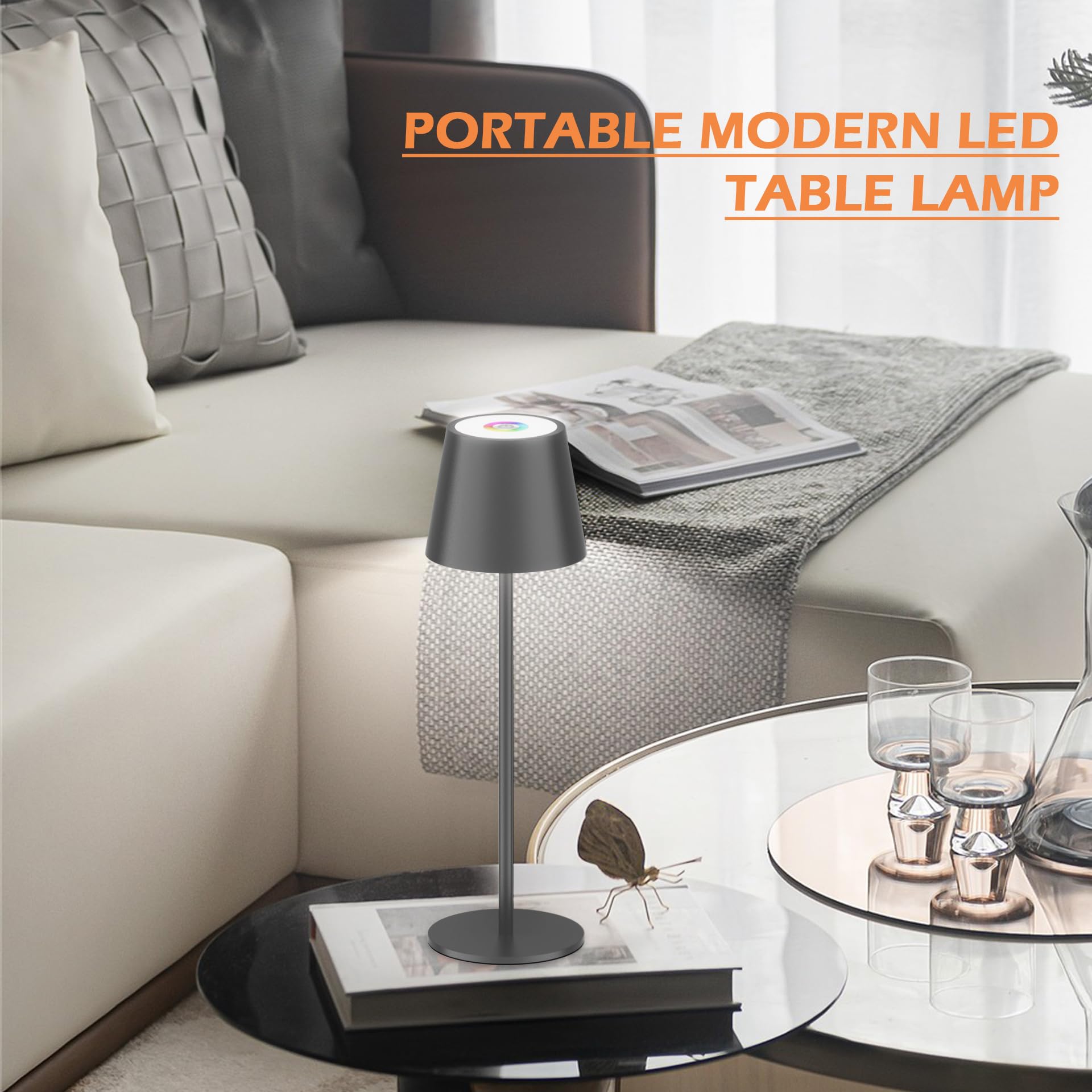 Aipsun Dimmbare LED Akku Tischlampe 36.5cm, Dunkelgrau, 2 Stück | Wiederaufladbar Warmweiß 3000K Tischleuchte & 8 RGB Farben Für Camping, Bar, Schlafzimmer, Restaurants, Aluminium, IP54