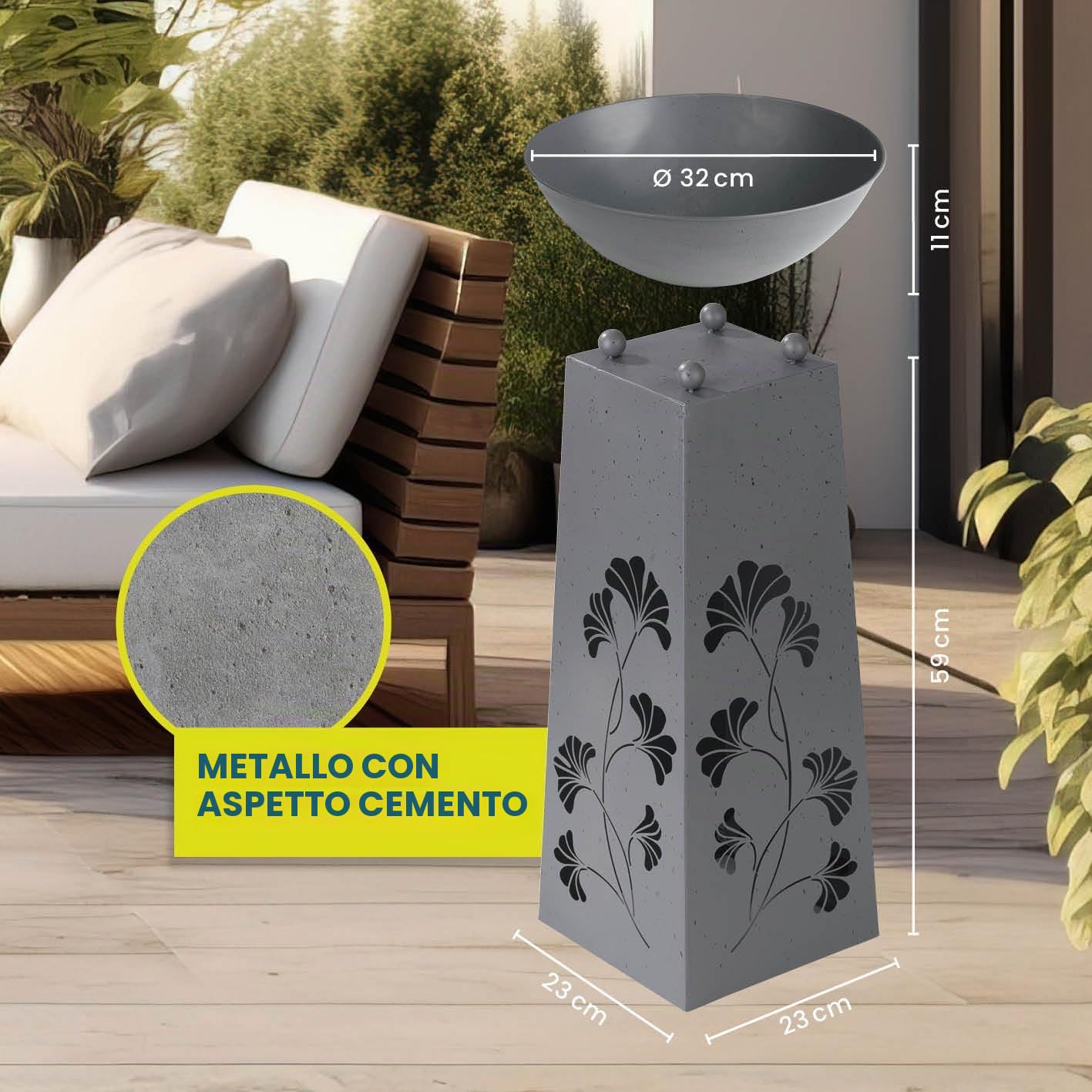 Hoberg LED Fioriera su piedistallo Foglie di Ginkgo Design in Color Cemento | Vaso Rimovibile (Ø 34cm) Adatto per Uso Interno ed Esterno | Illuminazione Integrata, USB o Solare [23 x 23 x 70 cm]