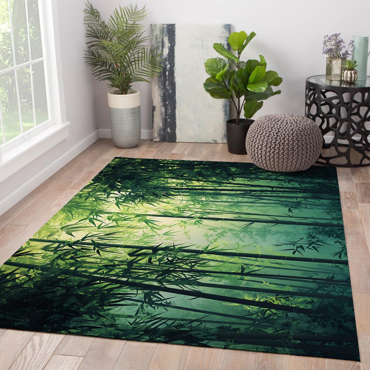 Tapis de salon 90x150 lavable et fin à motif bambou vert pour chambre