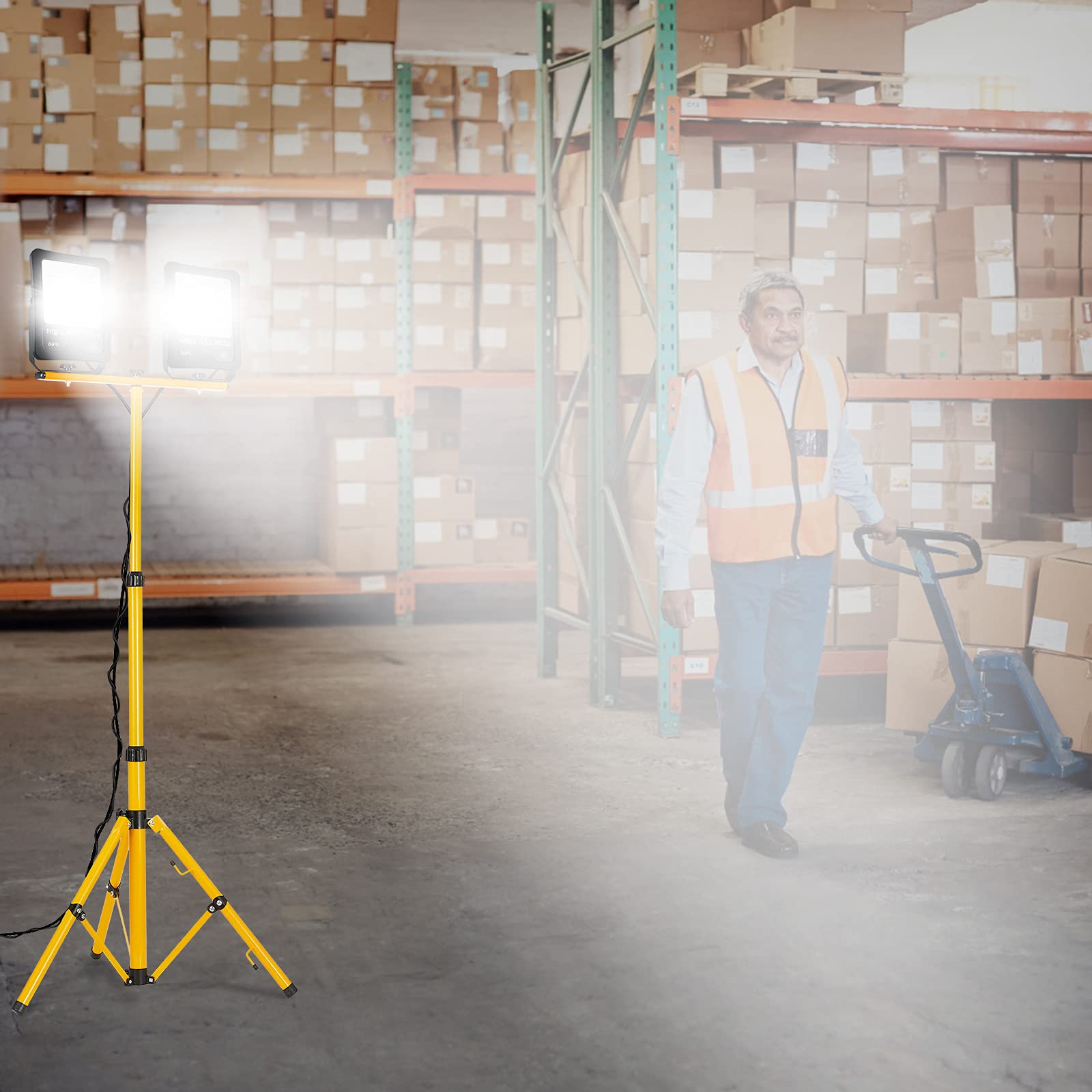 FIVMEN Baustrahler 2x100W 8500LM LED Strahler Arbeitsleuchte mit Verstellbarer Stativ und 3m Kabel Stecker Baulampe Arbeitsscheinwerfer Wasserdicht IP66 für Garage Werkstatt Baustelle, Kaltweiß