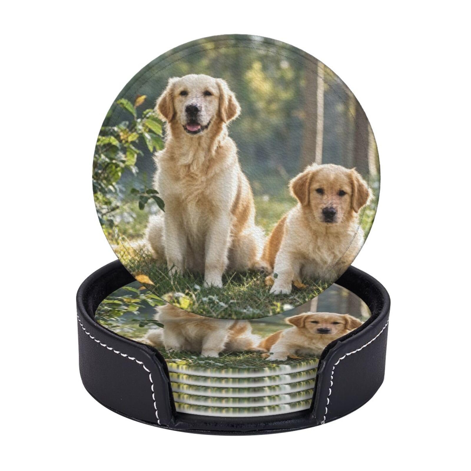 Drink Coasters 6 PCS Round Leather Coaster Golden Retriever dogs puppies pets Coasters for Drinks Non-Slip Mugs Pads with Holder Personalized Cups Pad Mat for Coffee Table Kitchen 10 CM