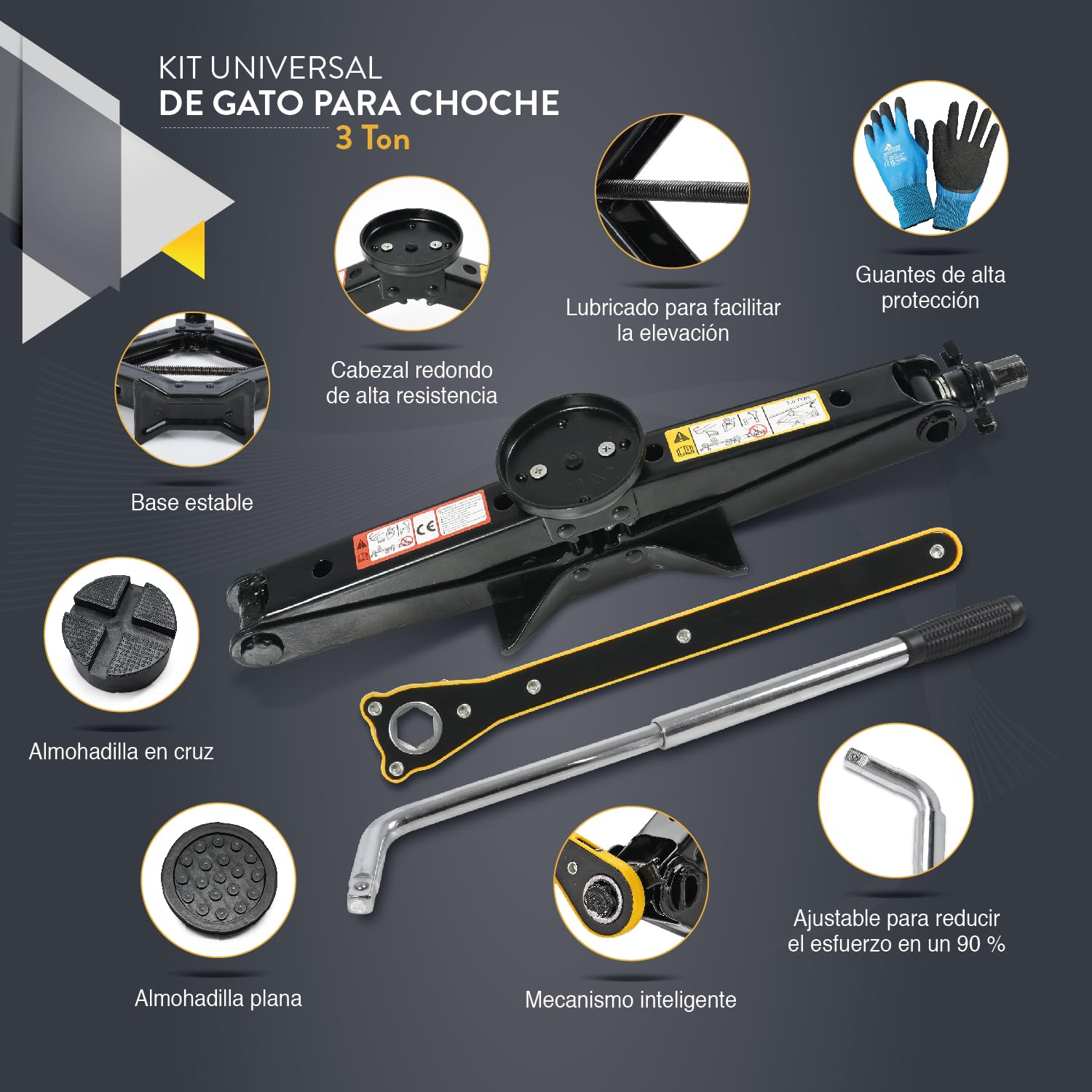 Kit Gato Hidráulico Coche 3 T | Gato de Tijera para SUV y Automóviles | Goma Cruz (+2,5 cm), Goma Plana para Vehículos Bajos, Llave para Ruedas Incluida, Kit de Emergencia, Cambio de Neumáticos