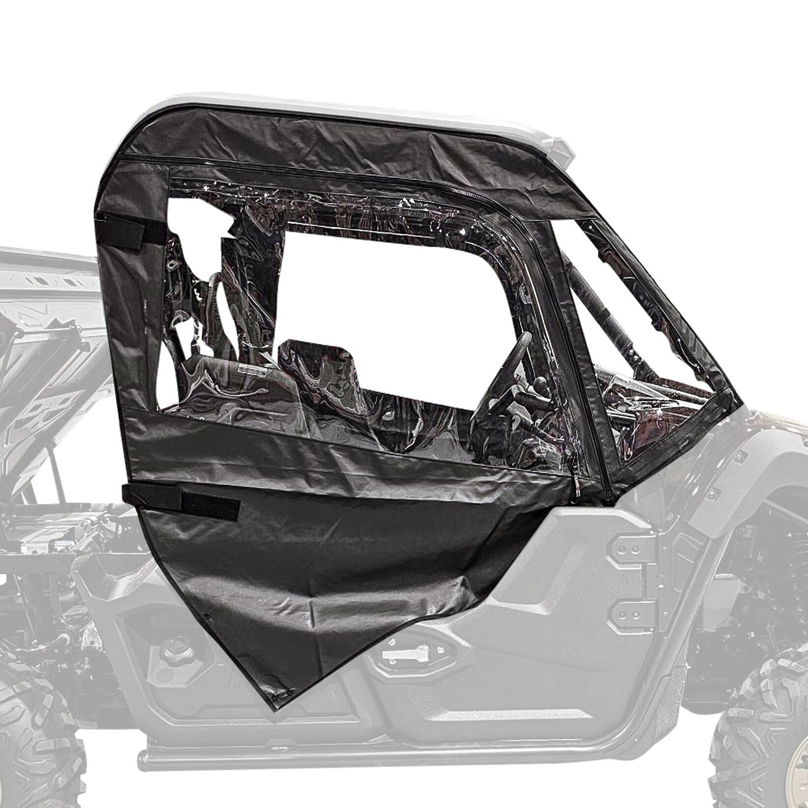 FALCON RIDGE UTV Soft Full Door installed on a Yamaha Wolverine, showing the clear window and black fabric