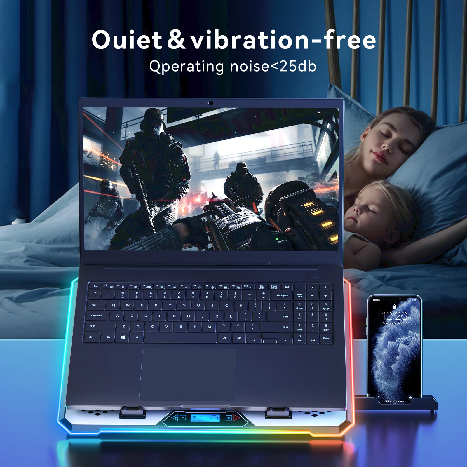 KYOLLY Laptop-Kühlpad aus Aluminiumlegierung, RGB-Gaming-Laptop-Kühler mit 6 leisen Lüftern für 15,6–17,3 Zoll Laptops, Ständer mit 9 Höhen, LCD-Bildschirm, 4 USB-Anschlüsse mit 1 3.0HUB, 2 2.0HUB,