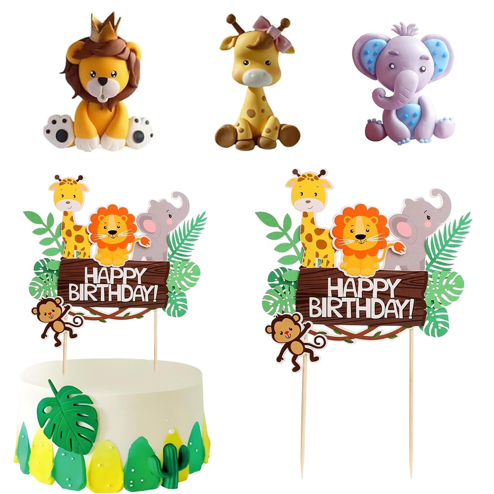 4 Pcs Animal Cake Toppers, Safari Cake Toppers, Jungle Cake Decorations, Jungle Animal Cake Decorations Giraffe Elephant Lion Cake for Birthday Party Decoration