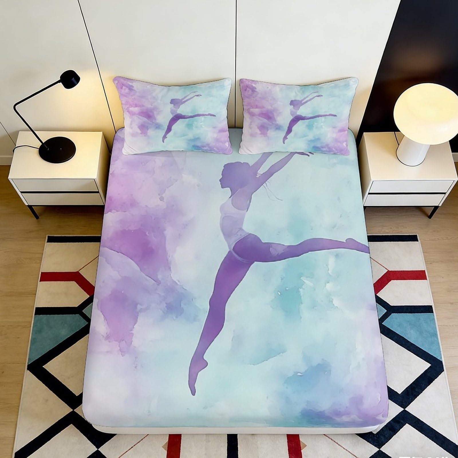 3D Printed Watercolor Ballet Fitted Sheet Microfiber Soft Pastel Dance Bed Cover for Bedroom Guest Room Decor 90x200x25cm