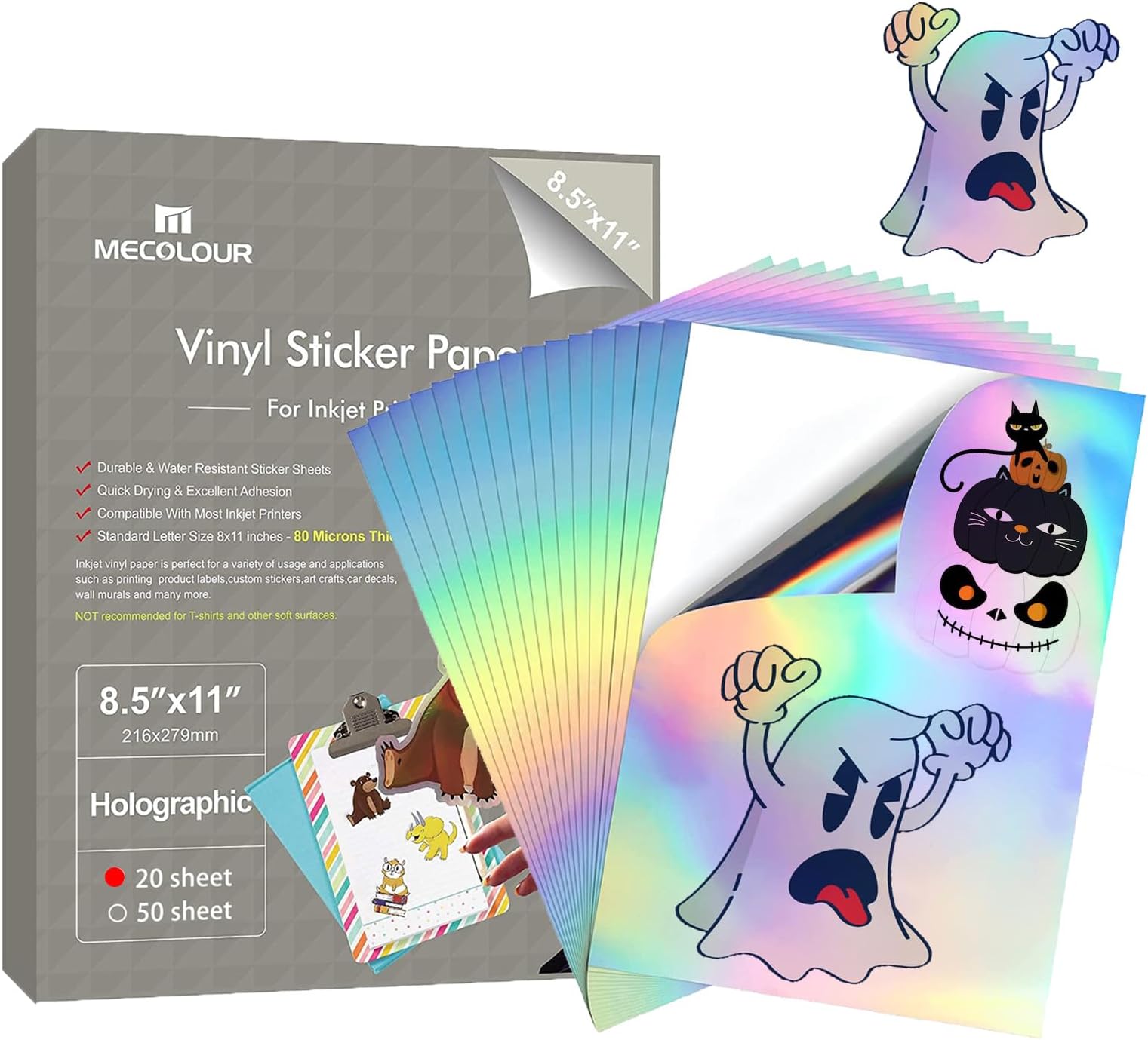Printable Holographic Sticker Paper 8.5'' * 11'' 20 Sheets Premium Rainbow Vinyl for Cricut Waterproof Dries Quickly Vivid Colors, Holds Ink Well- Tear Resistant for Inkjet & Laser Printer