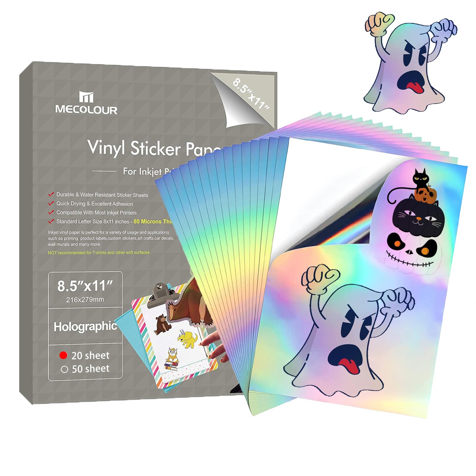 MECOLOUR Holographic Sticker Paper 8.5'' 11'' Printable Premium Rainbow Vinyl, Waterproof, Dries Quickly Vivid Colors, Holds Ink Well- Tear Resistant -for Inkjet Printer 20 SHEETS