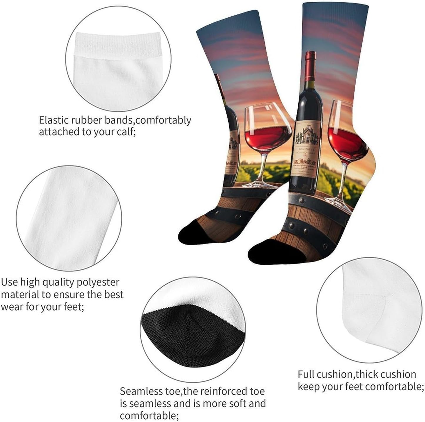 Breathable Sports Socks, Moisture Wicking, Lightweight Crew Socks | Wooden Wine Barrel on Wine Bottle Athletic Calf Socks for Women Men, Casual, Anti-Slip, Multifunctional Work Socks