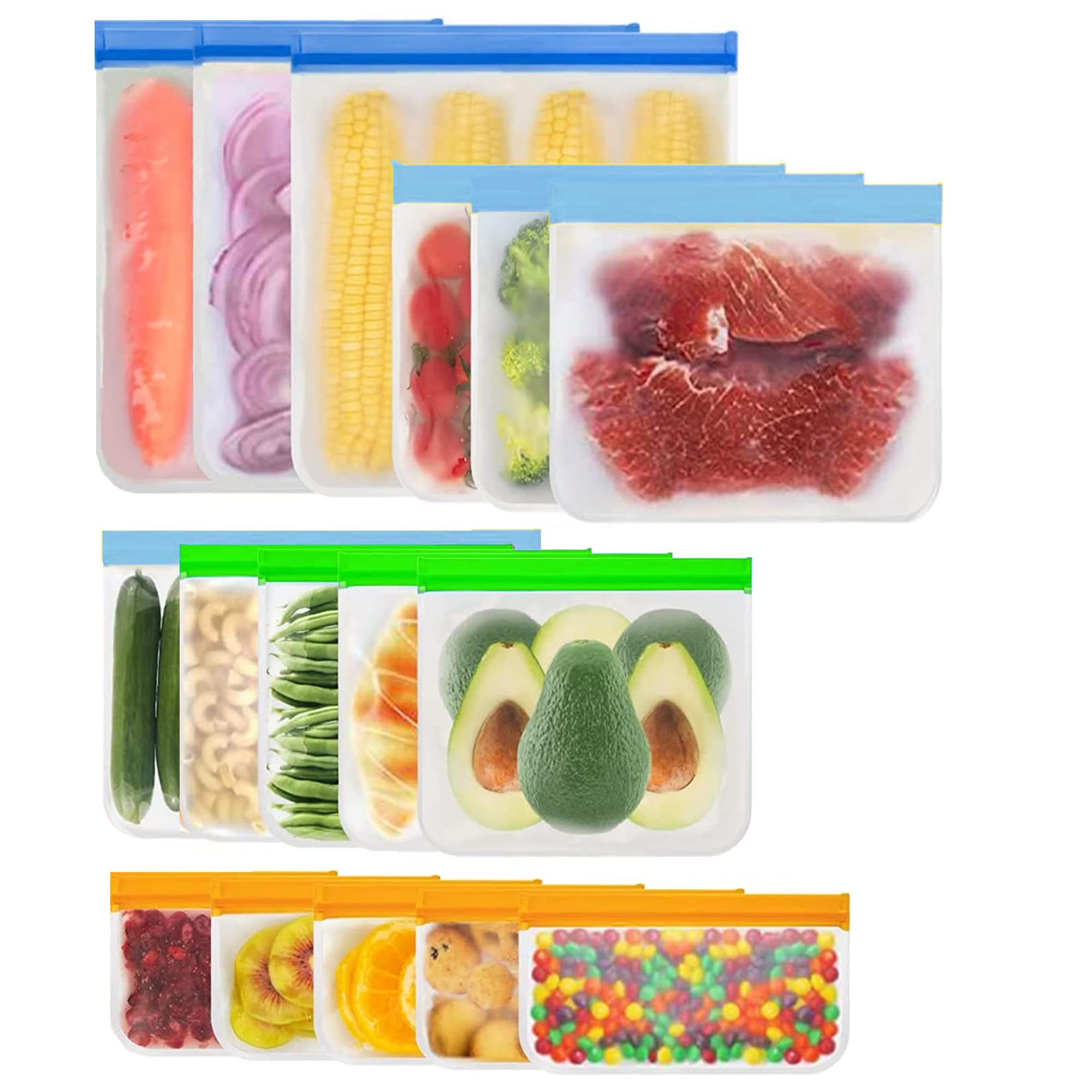 16-Pack Reusable Storage Bags - Food Safe, Leakproof Silicone Bags with Airtight Seal-Dishwasher Friendly & Eco-Friendly