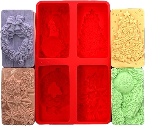 Juego de 4 moldes de silicona para jabón navideño bola, corona de Navidad, copo de nieve, árbol de Navidad
