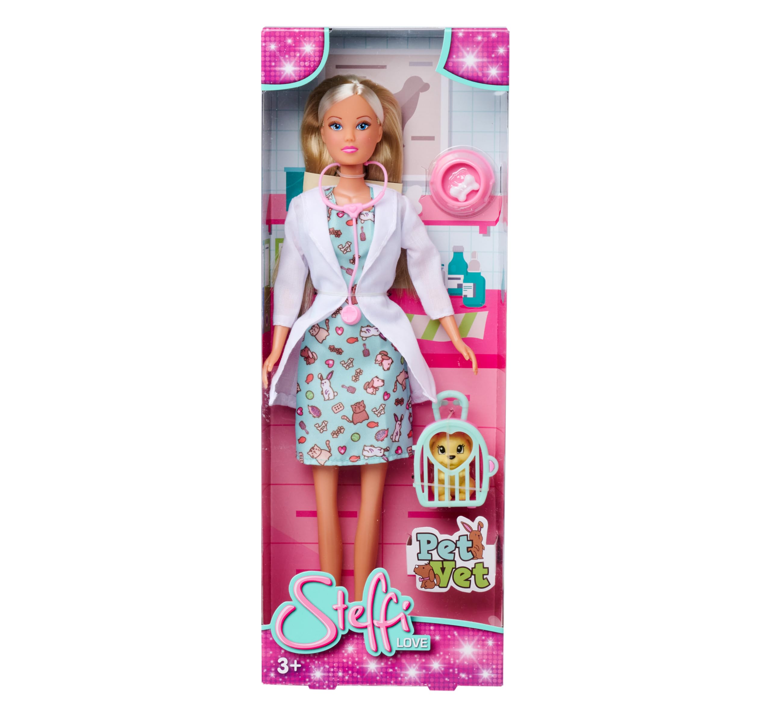 Steffi Love Vet Pet, lalka do zabawy jako weterynarz, opiekuje się małym psem, z torbą do noszenia, miską i kością, 29 cm, od 3 lat