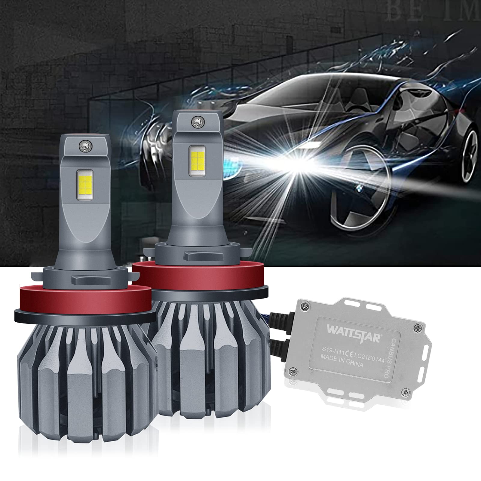 Zestaw do konwersji żarówek LED, 64 W, super jasna lampa czołowa Hi/Lo Beam z wentylatorem, IP68 Flip Chip 9600 LM 6500 K, białe, 2 szt. (6500K-S19-D-H11, S19-D-H11)