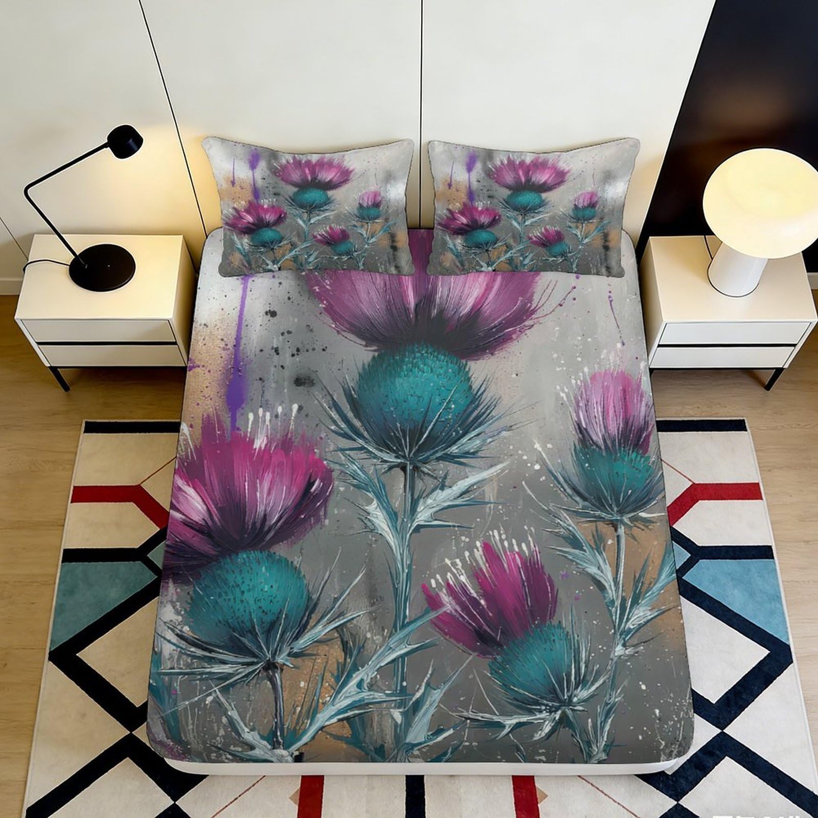 3D Printed Thistle Floral Fitted Sheet Microfiber Soft Decorative Botanical Bed Cover for Bedroom Guest Room Mattress Protection 90x200x25cm