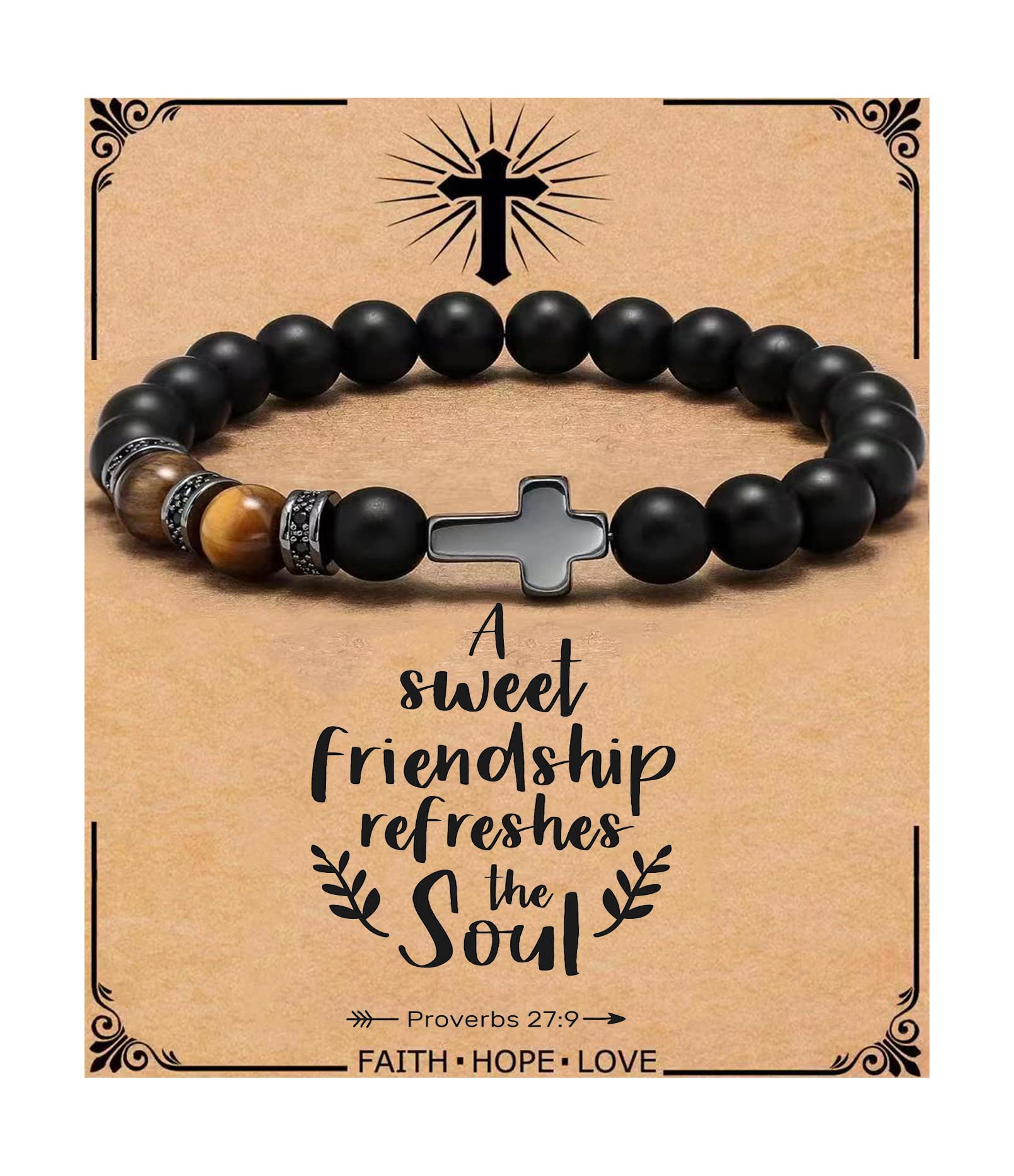 QWNHONEY Cross Bracelet for Men Son Brother Baptism Communion Birthday Anniversary Christmas Christian Black Tiger Eyes Bead