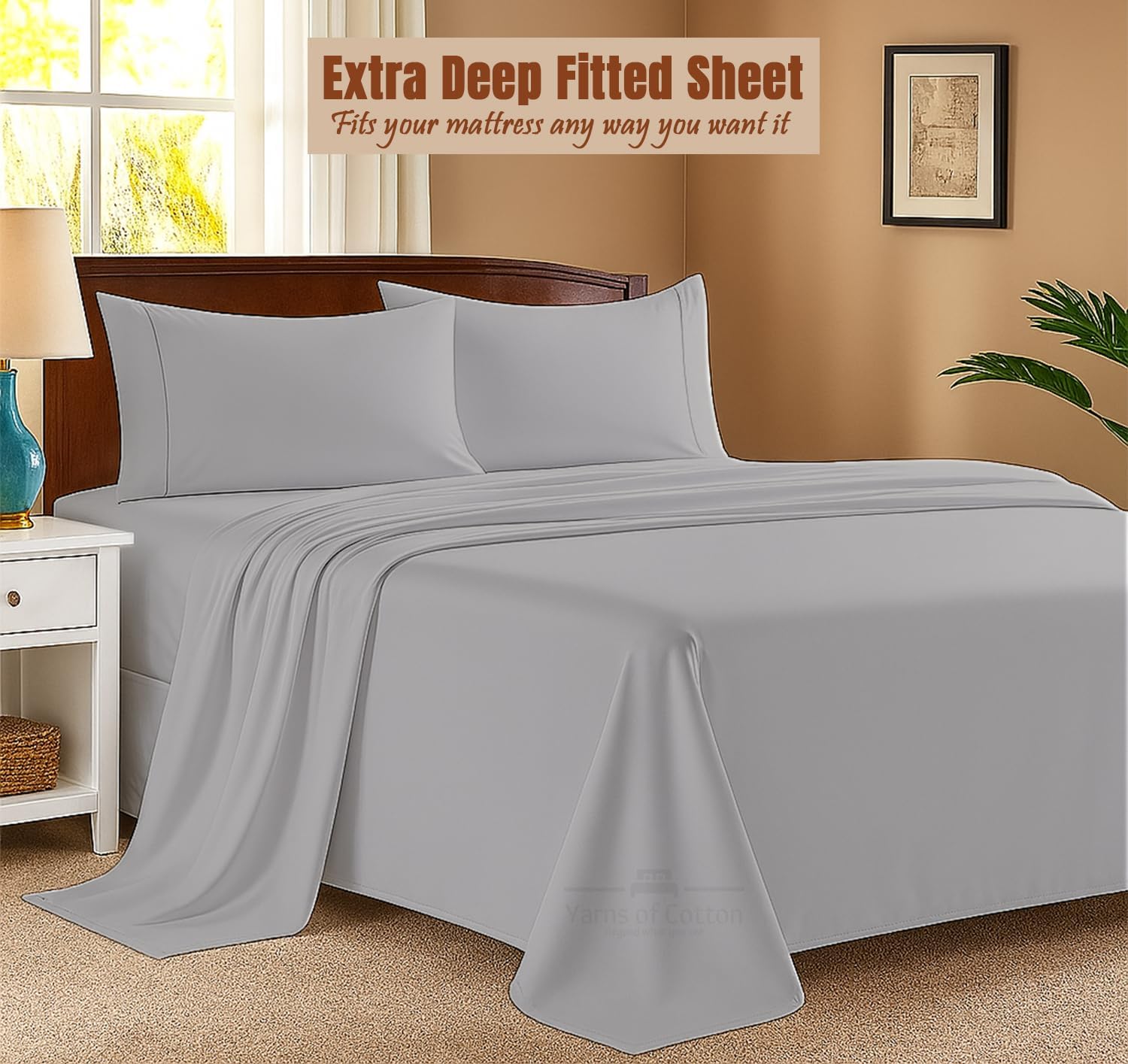 600 Thread Count 100% Cotton Soft Combed, 4 Piece Sheets Set, Smooth & Soft Sateen Weave, Luxury Hotel Collection Bedding, Deep Pocket Fitted (Queen, Light Grey Solid)