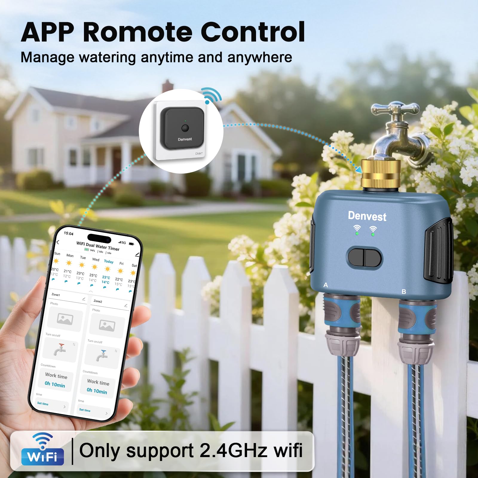 Temporizador de agua WiFi para manguera de jardín con entrada de latón, temporizador inteligente de manguera con concentrador WiFi, aplicación y control de voz, hasta 20 planes de riego, controlador