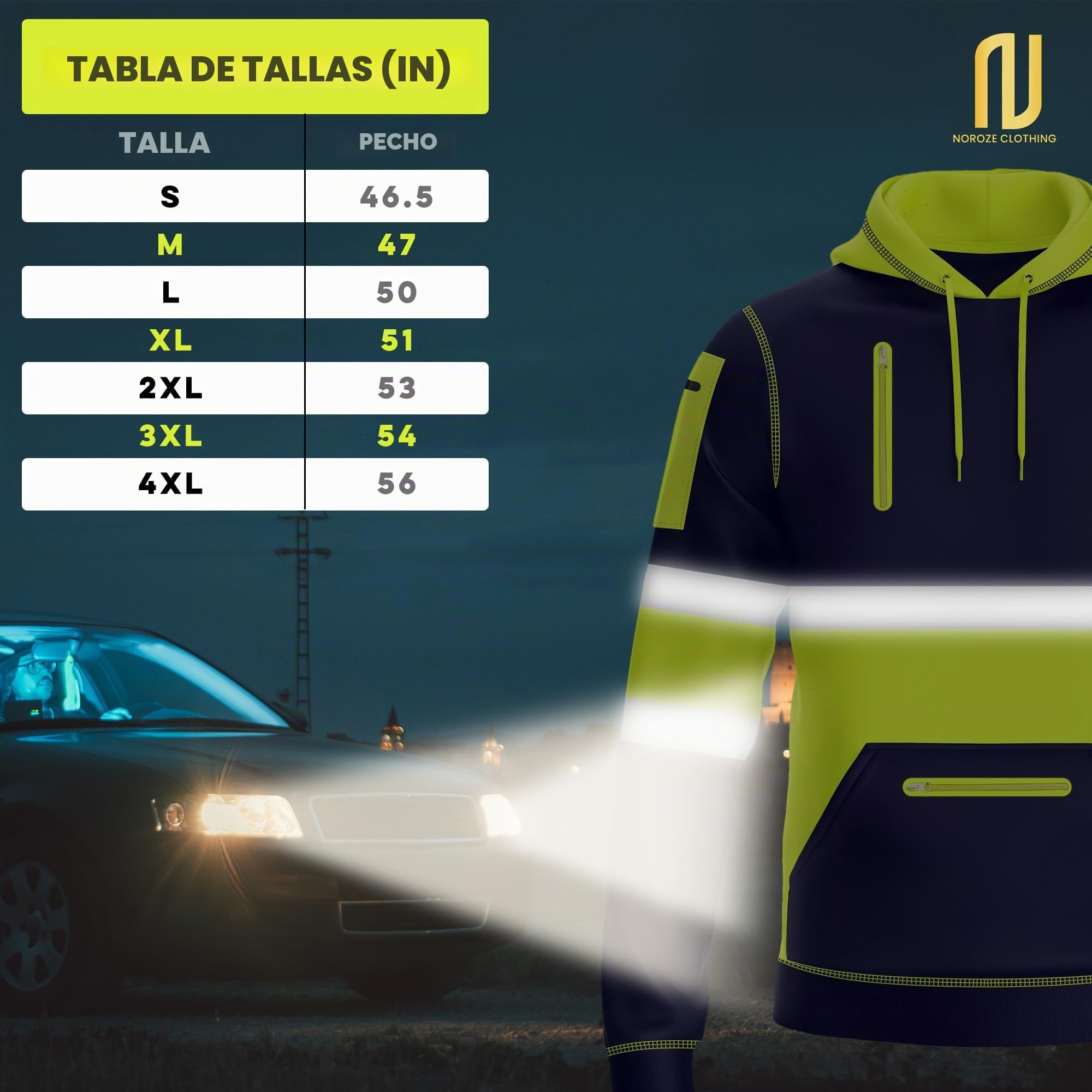 NOROZE Hombres Sudadera Alta Visibilidad Cinta Reflectante Abrigo Seguridad 4 Bolsillos Cremallera