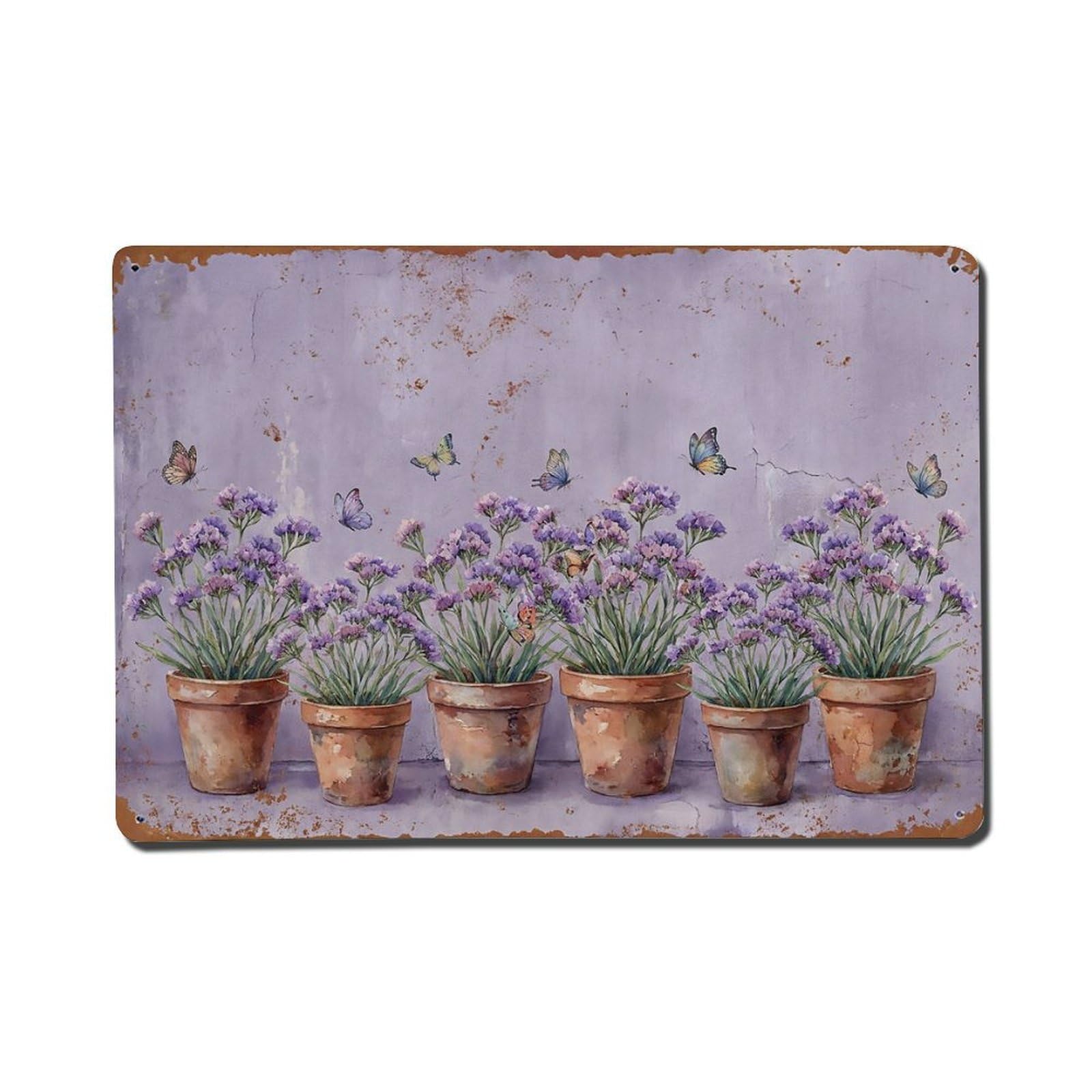 Vintage Rustic Flower Potted Plants Statice Metal Tin Sign