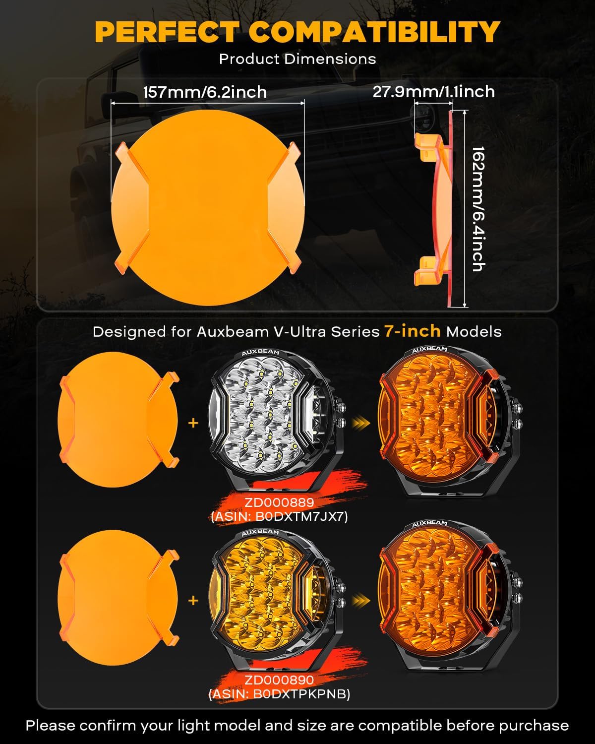 Auxbeam V-Ultra Series 7 Inch Deep Amber Light Covers 2300K Dark Amber Tone Round Offroad Lens Cap Smoked Amber Tint Reduce Glare for Fog & Dust Low Visibility, 2 Packs