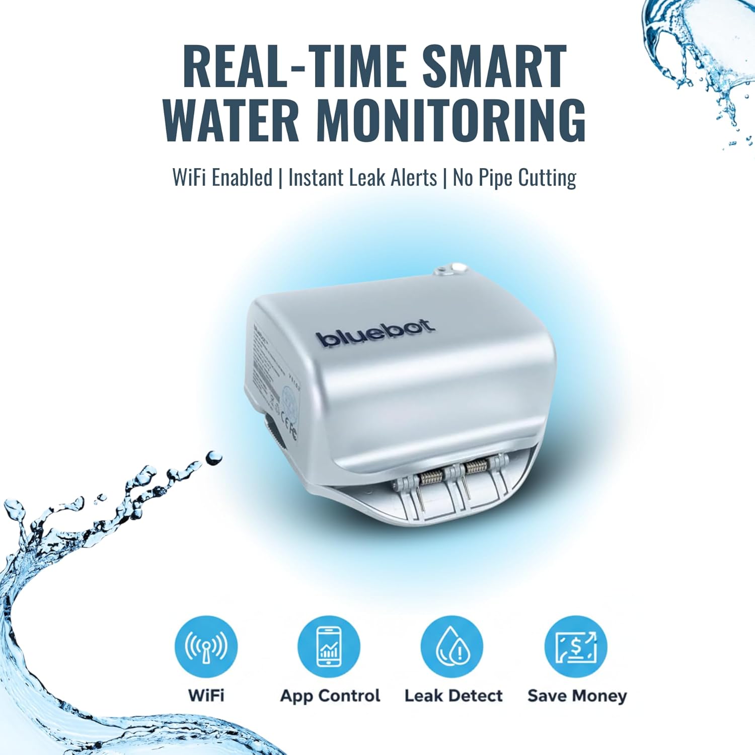 Bluebot WiFi Smart Water Flow Meter, Clamp-On Leak Detector with Real-Time Flo Monitoring, Remote Access, Easy Install, Fits 3/4” to 2” Pipes - Includes Fiber Cloth - Water Usage & Leak Alerts
