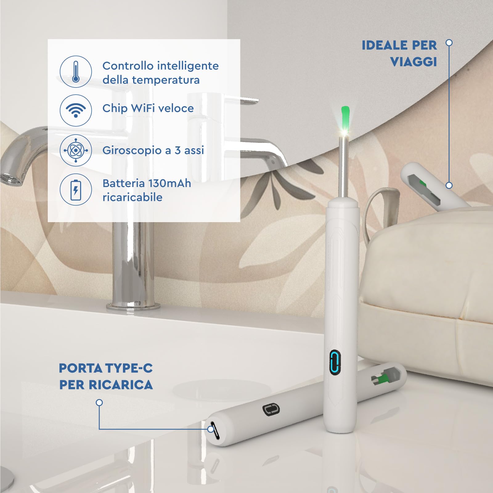 Otoscopio Pulizia Orecchie Rimozione Cerume con Telecamera 1920p WiFi 3,6mm - UdiGuard Pulitore Orecchie Digitale con 6 Luci LED Adulti Bambini Animali - Compatibile con Android iPad iPhone Bianco