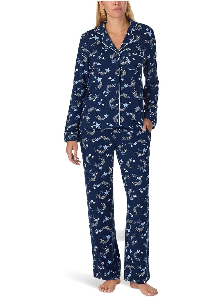 Navy Kate Spade New York Brushed Sweater Knit Jersey Long Sleeve Notch Long Pajama Set