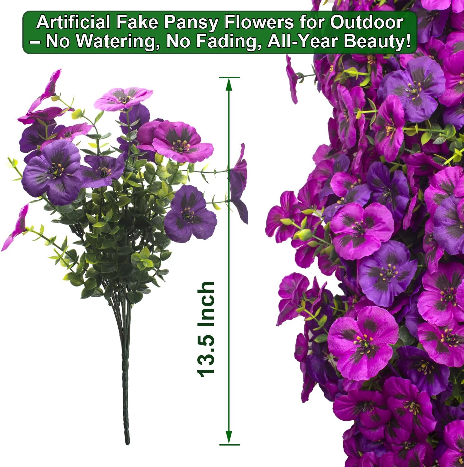 Grunyia Fake Flowers 16Pcs Artificial Pansy Silk Flowers UV Resistant for Outdoor Planters, Realistic Faux Pansies for Porch Patio Window Box Decor (Deep Purple & Light Purple)